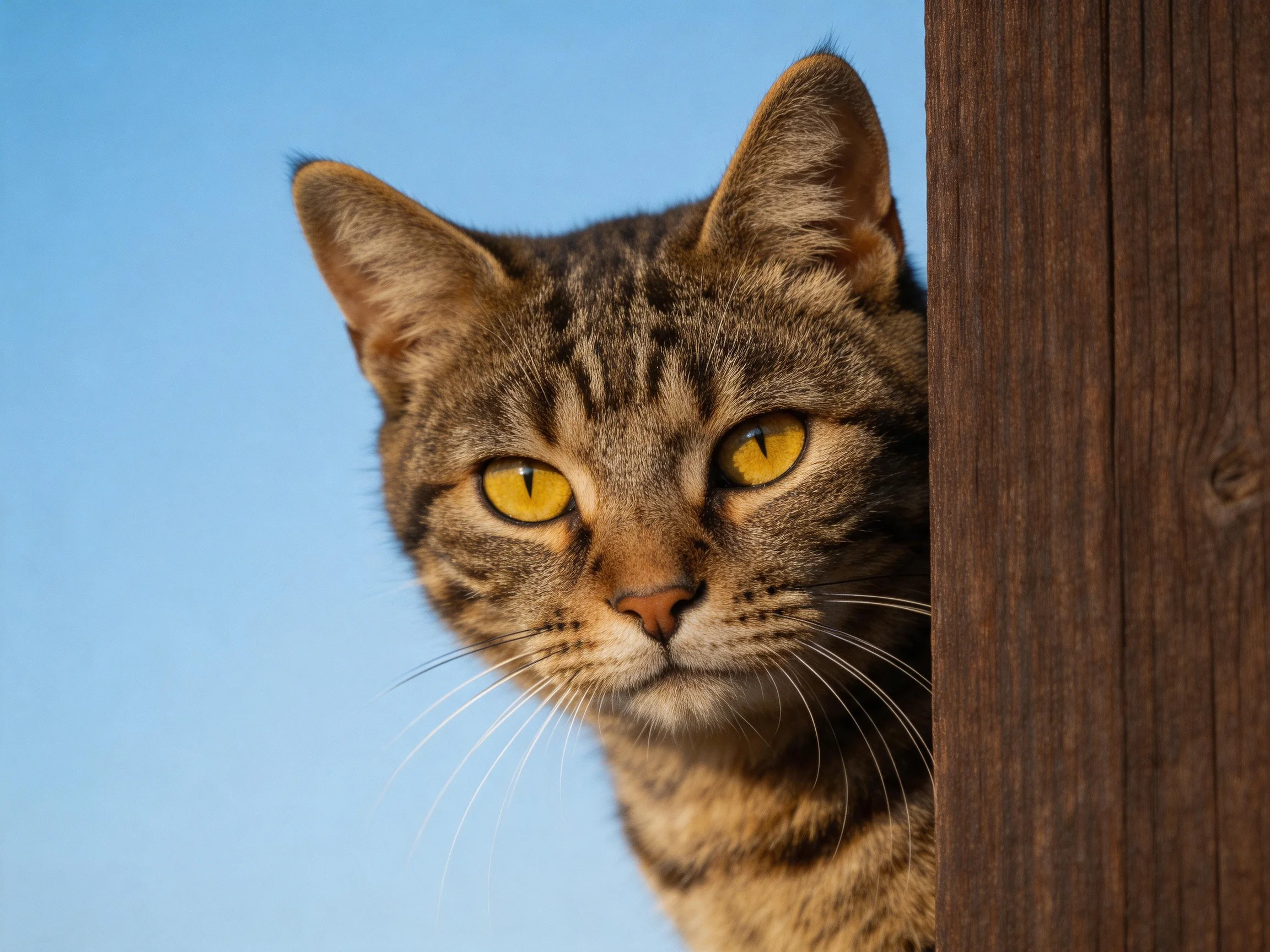 A tabby cat with yellow eyes peeks from behind a wooden post against a blue sky