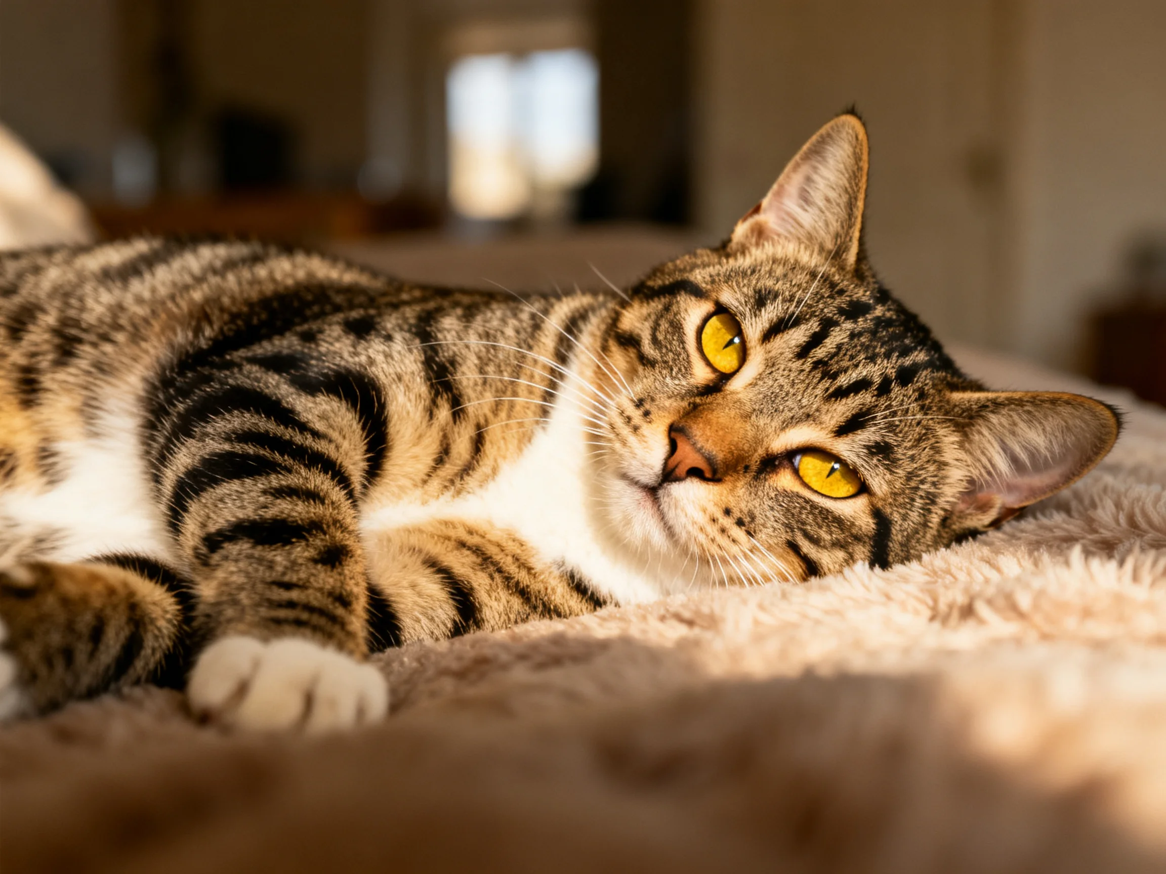 A tabby cat with bright yellow eyes relaxes on a soft blanket inside a warmly lit room.