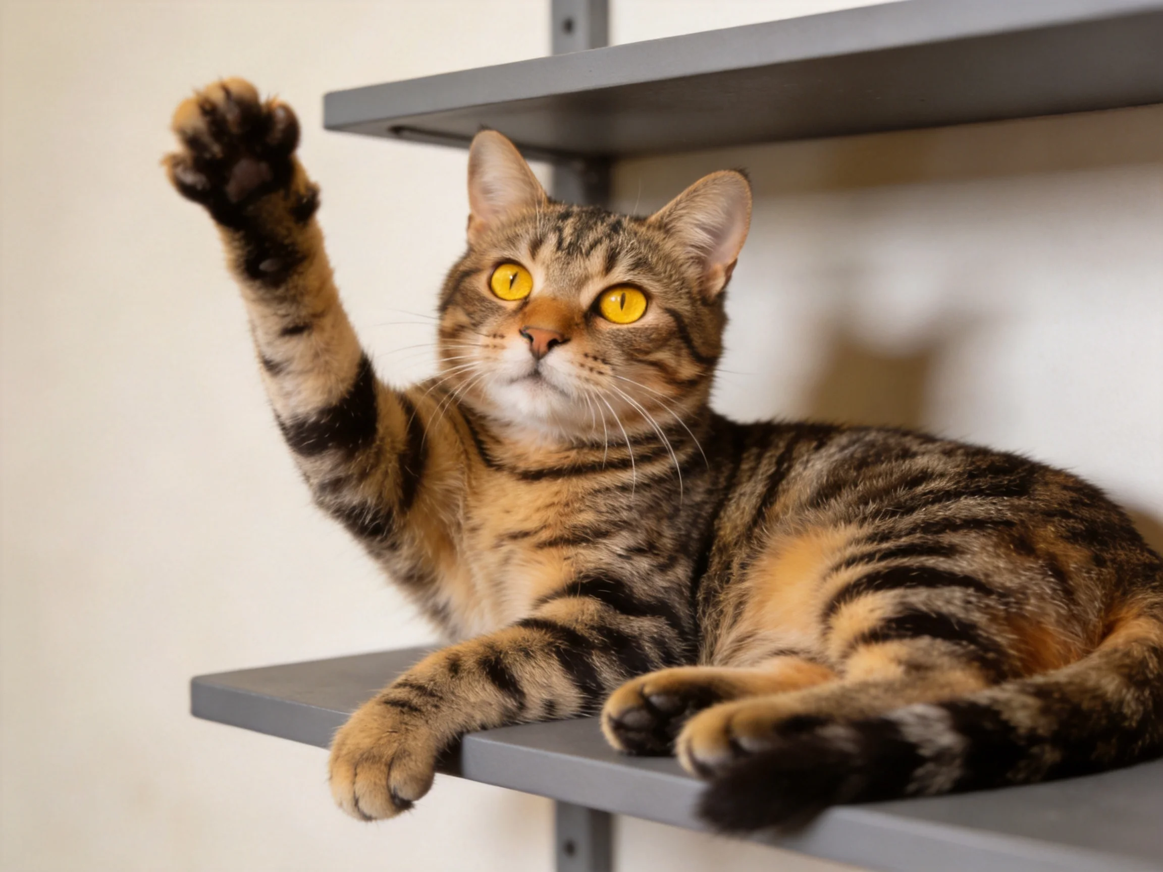 A tabby cat with yellow eyes relaxes on gray shelves