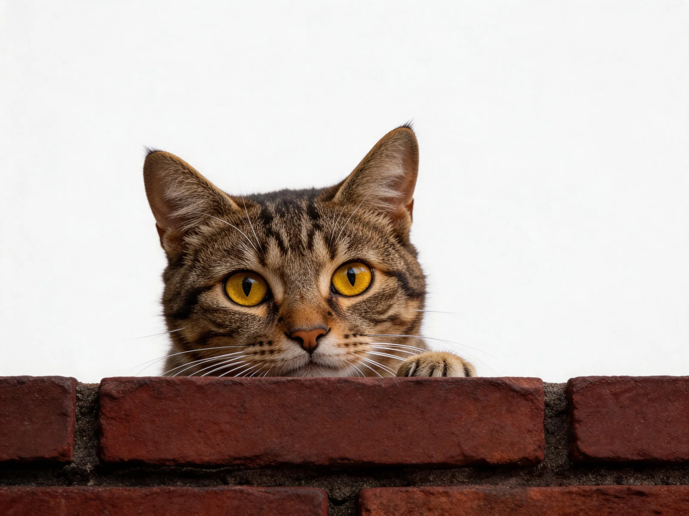 A tabby cat with yellow eyes peers over a brick wall.