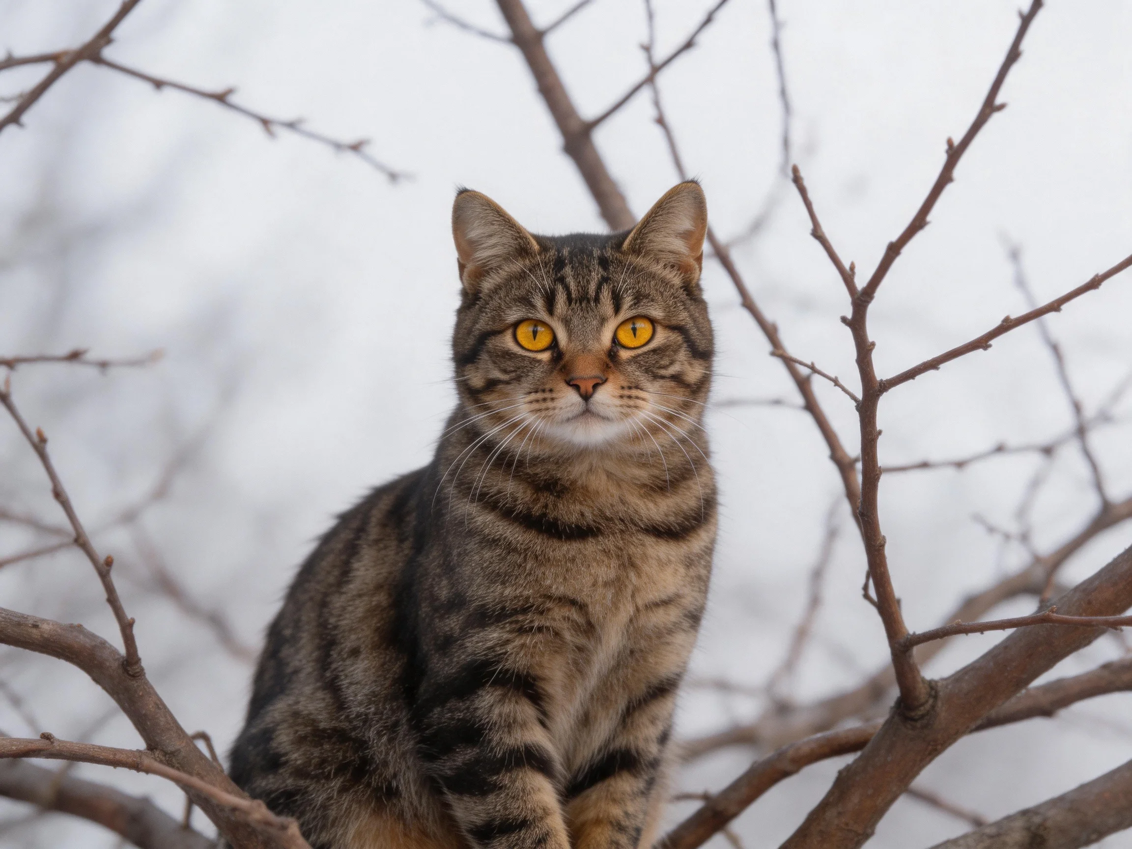 A tabby cat with vivid yellow eyes rests amid leafless tree limbs.