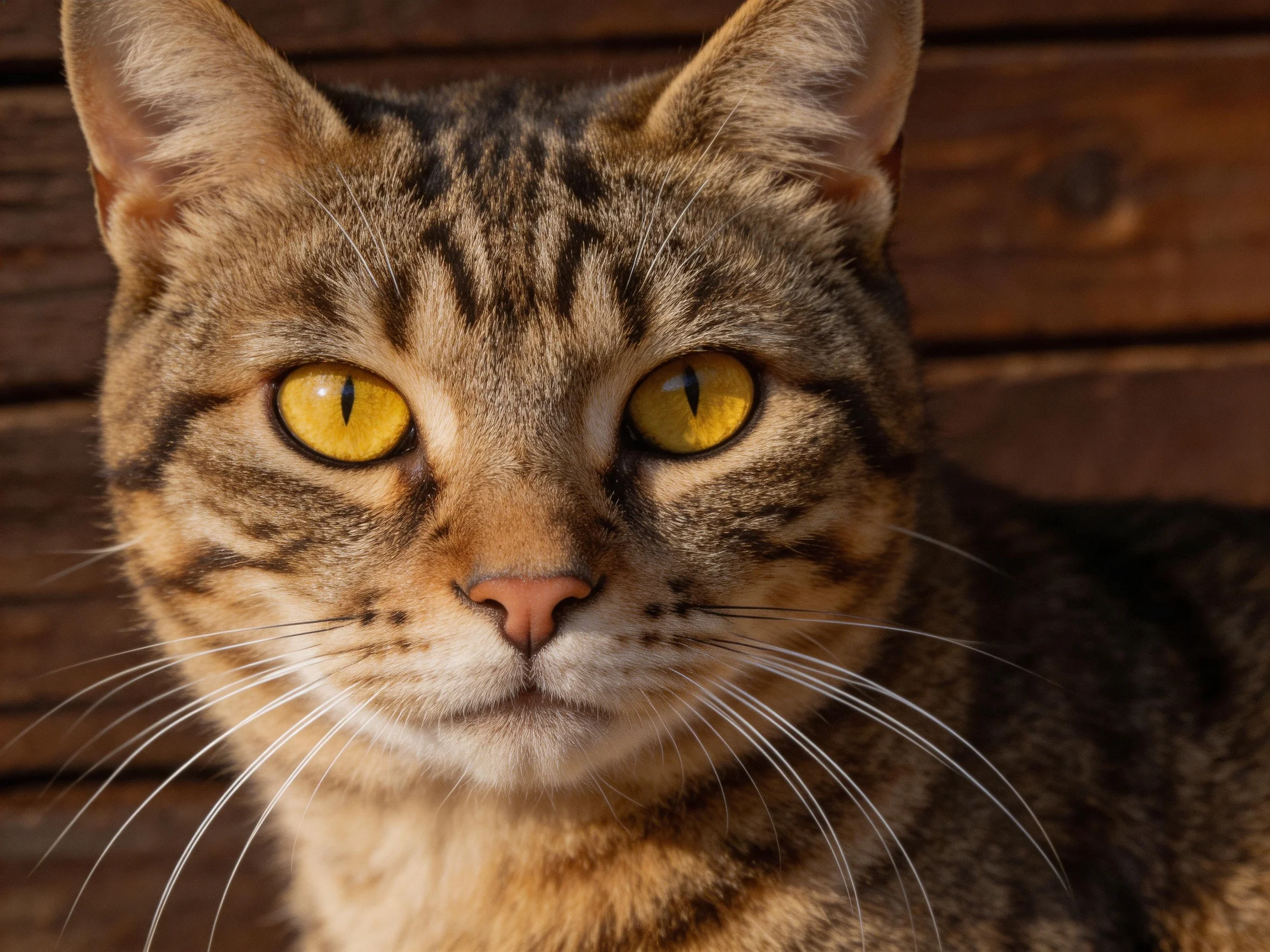 A tabby cat with yellow eyes is photographed near a wooden wall