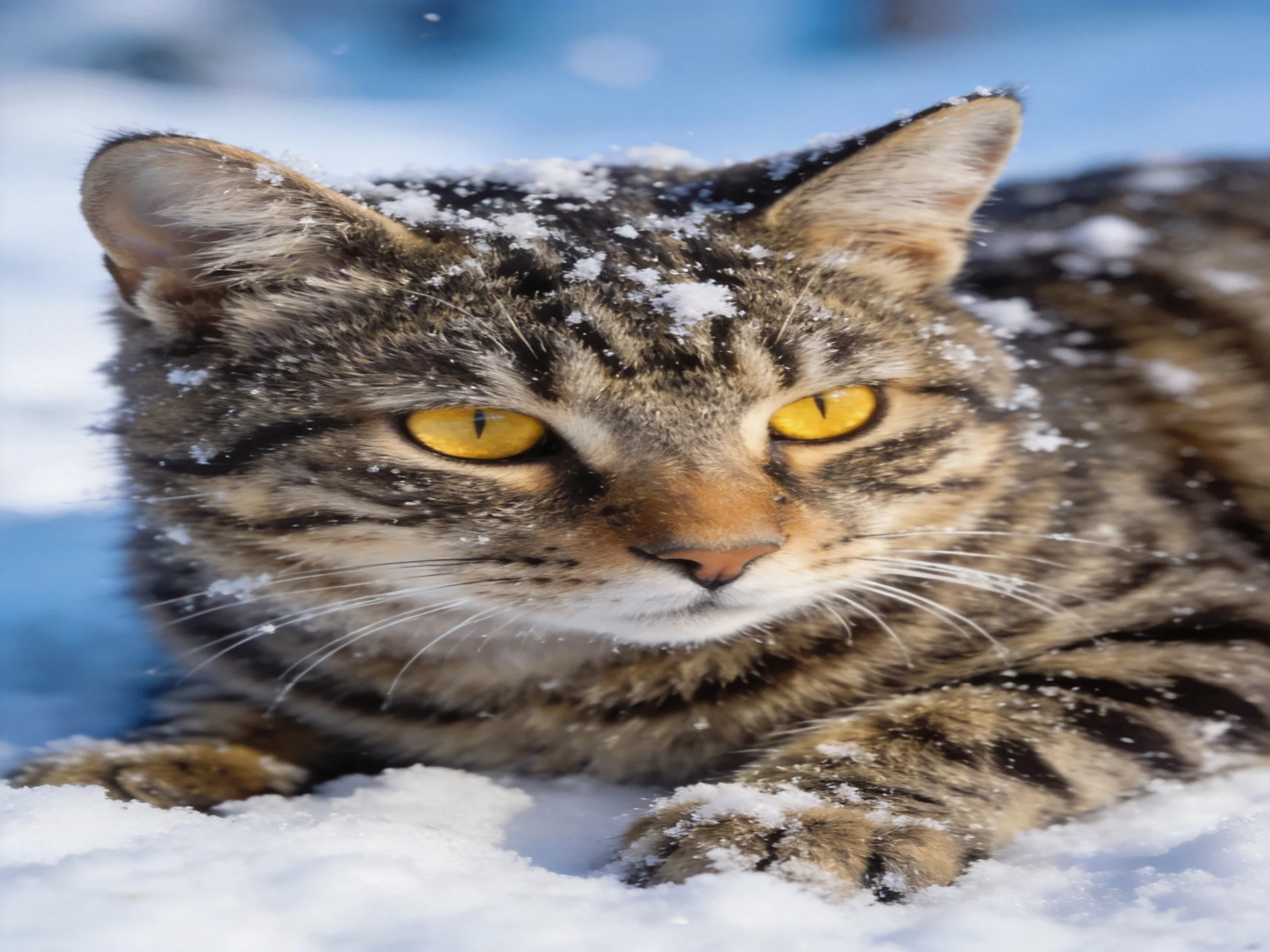 A tabby cat with yellow eyes rests in the snow.