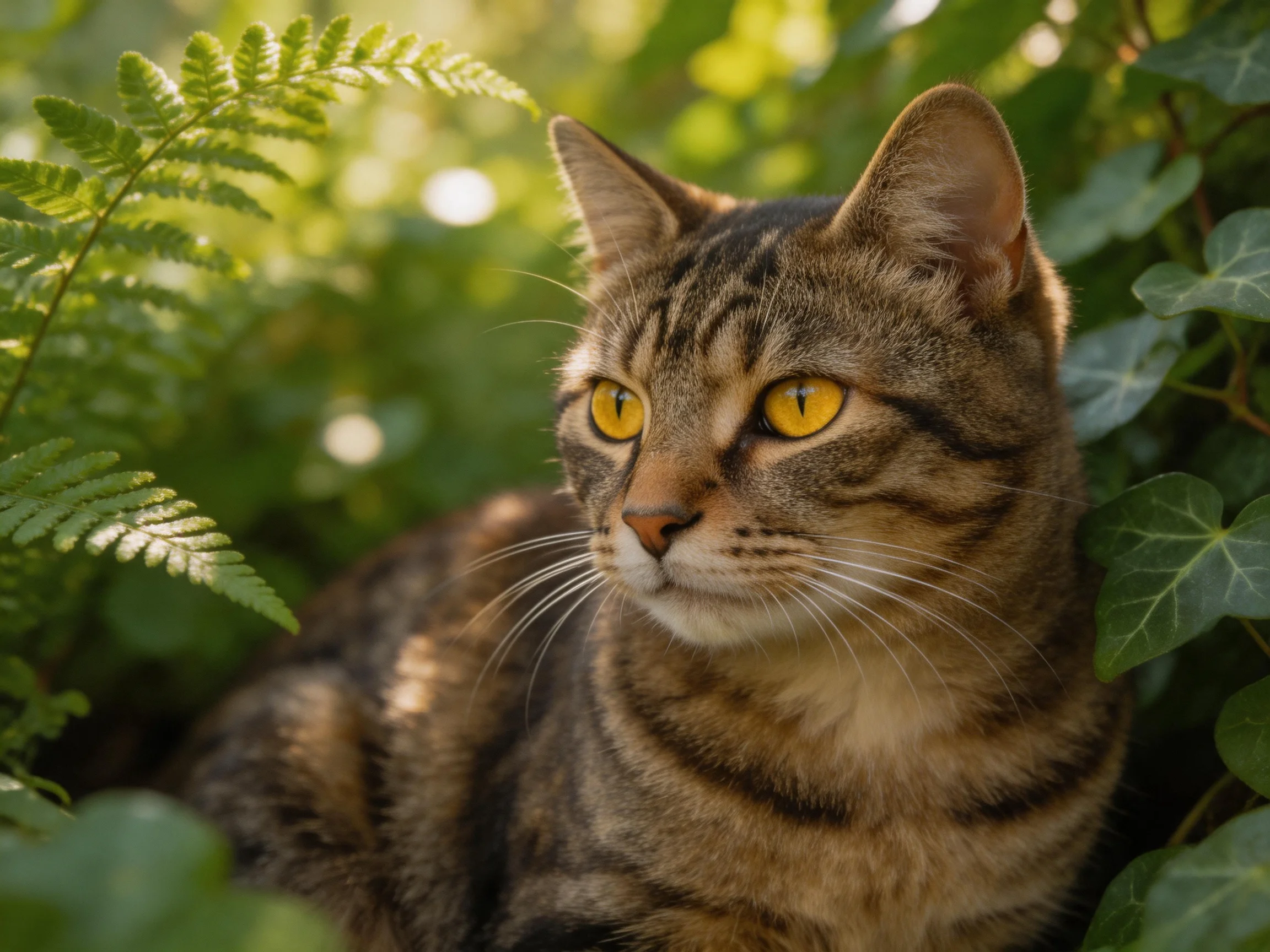 A tabby cat with bright yellow eyes sits surrounded by dense green plants.