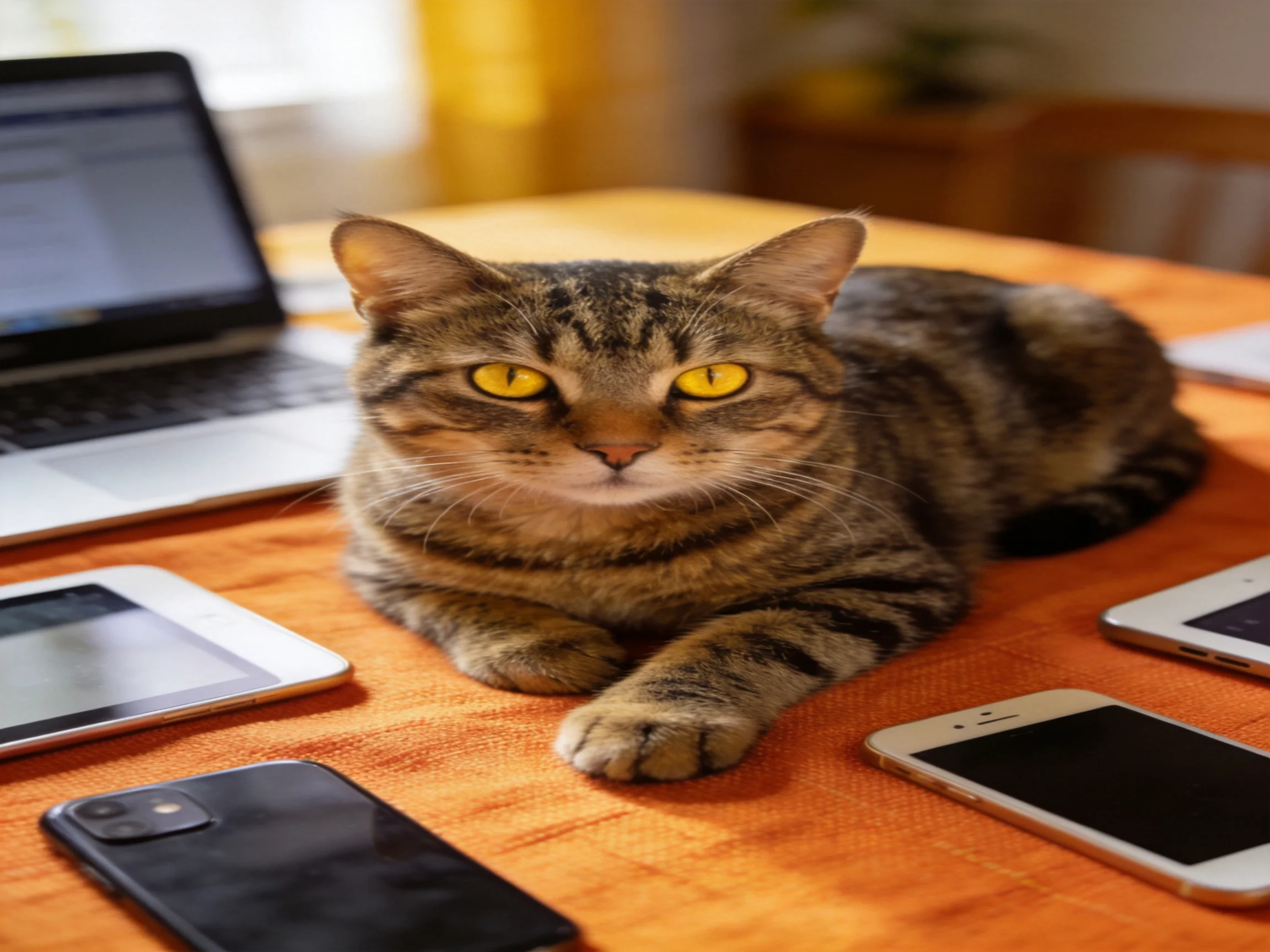 A tabby cat with yellow eyes sits among smartphones, tablets, and a laptop on an orange table.