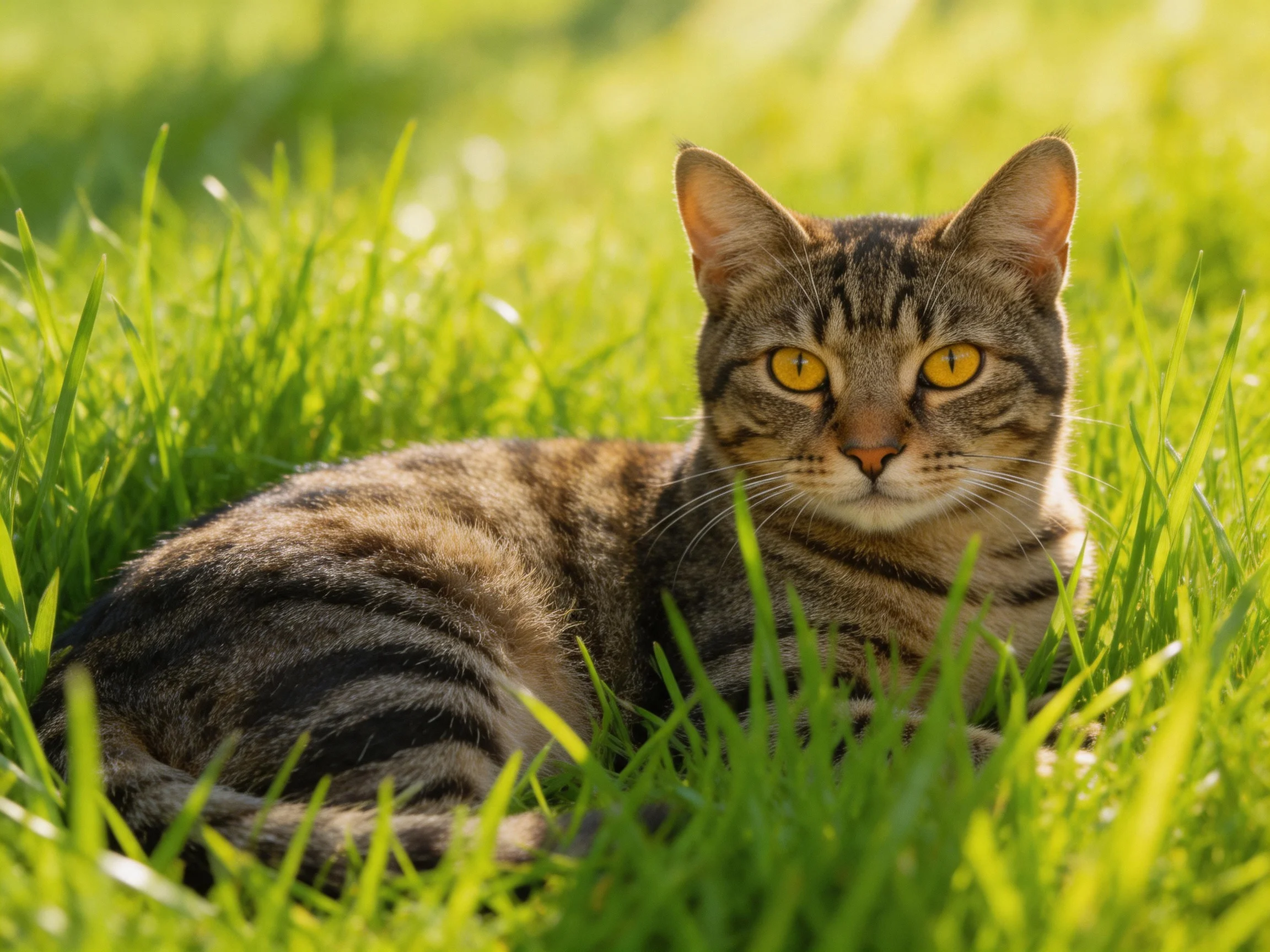 A tabby cat with yellow eyes lies calmly in a sunlit patch of green grass.