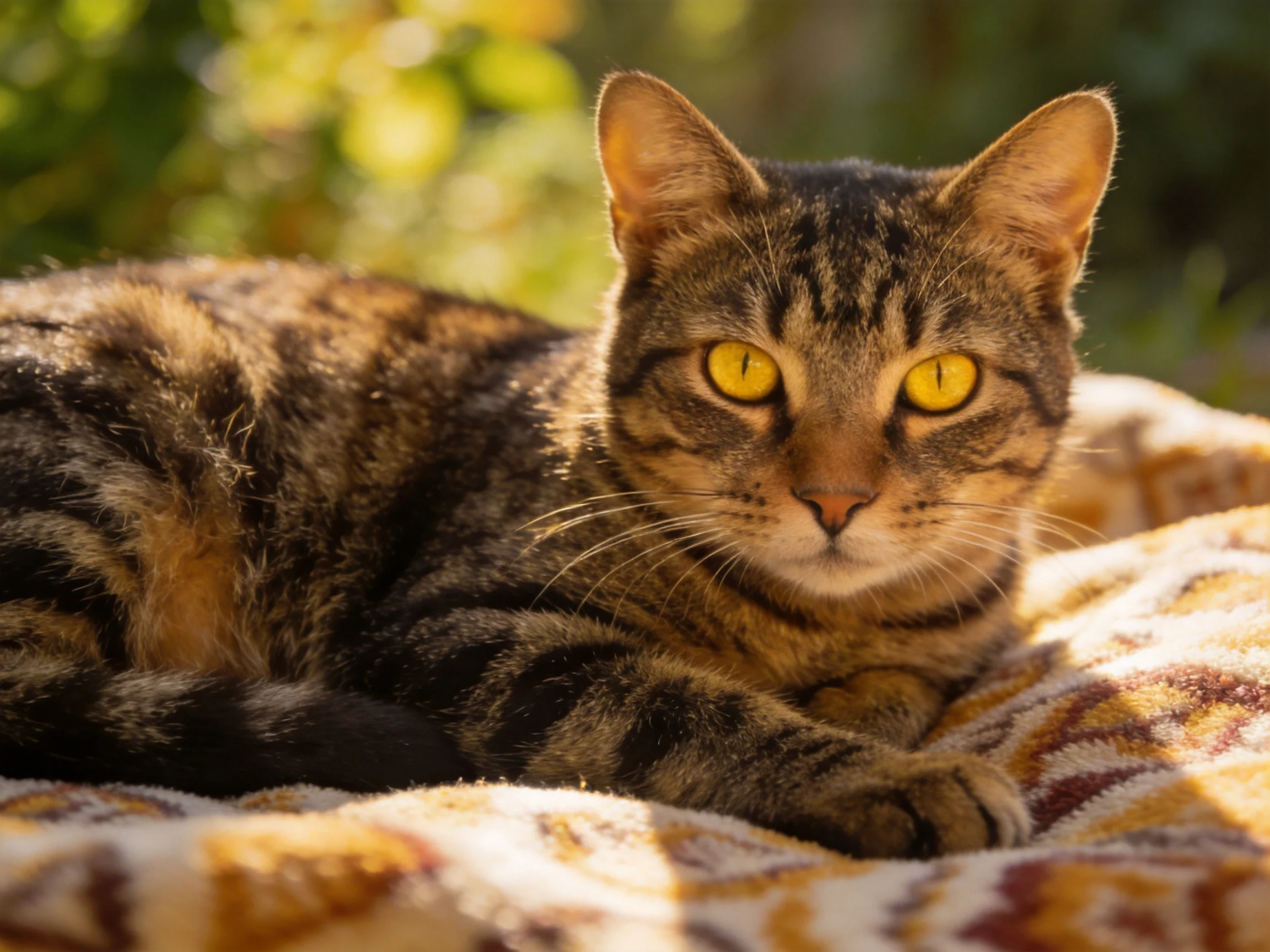 A tabby cat with vivid yellow eyes lounges on a patterned blanket in an outdoor setting.