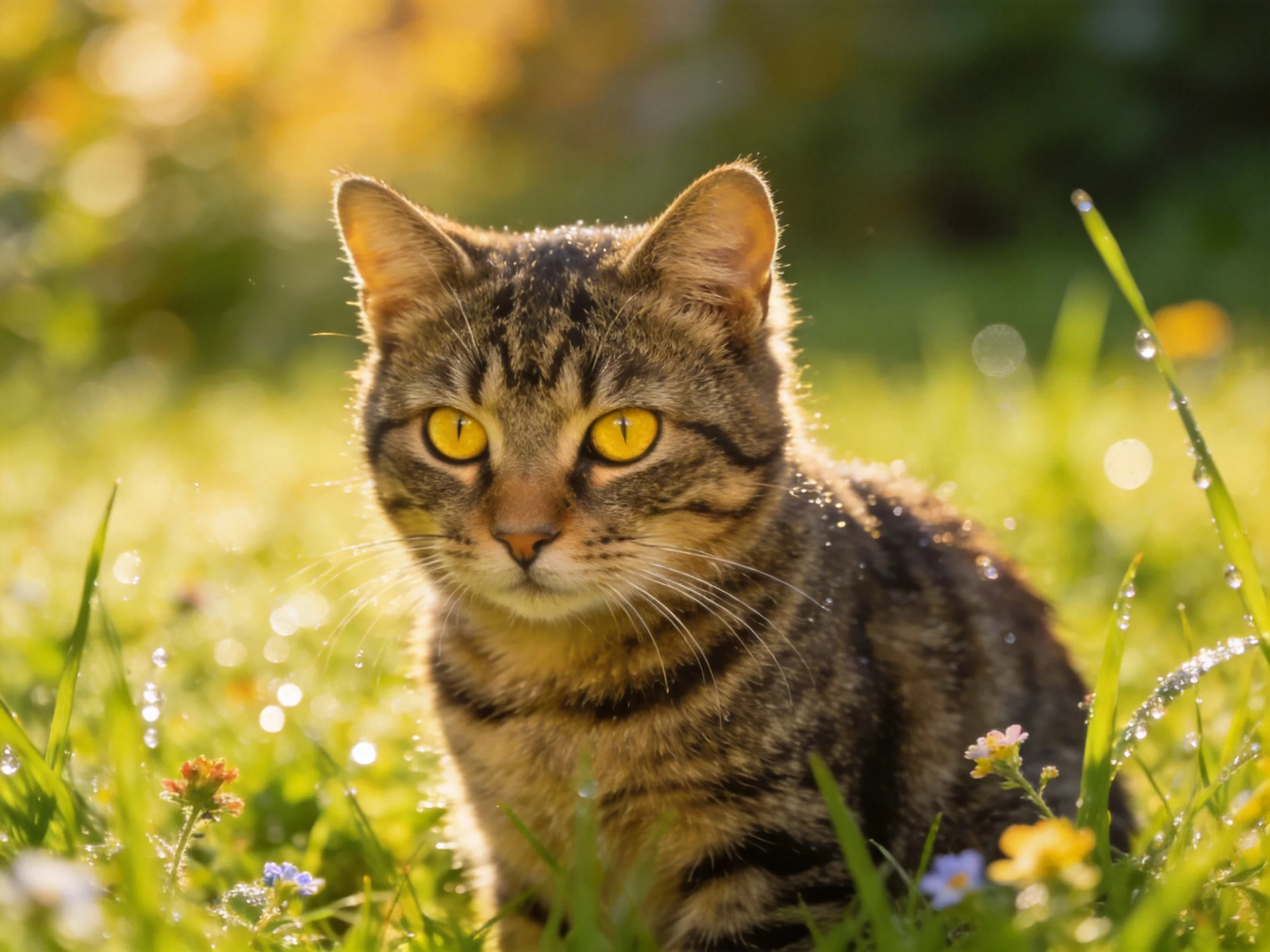 A tabby cat with bright yellow eyes rests in a sunlit meadow of dewy grass and flowers.