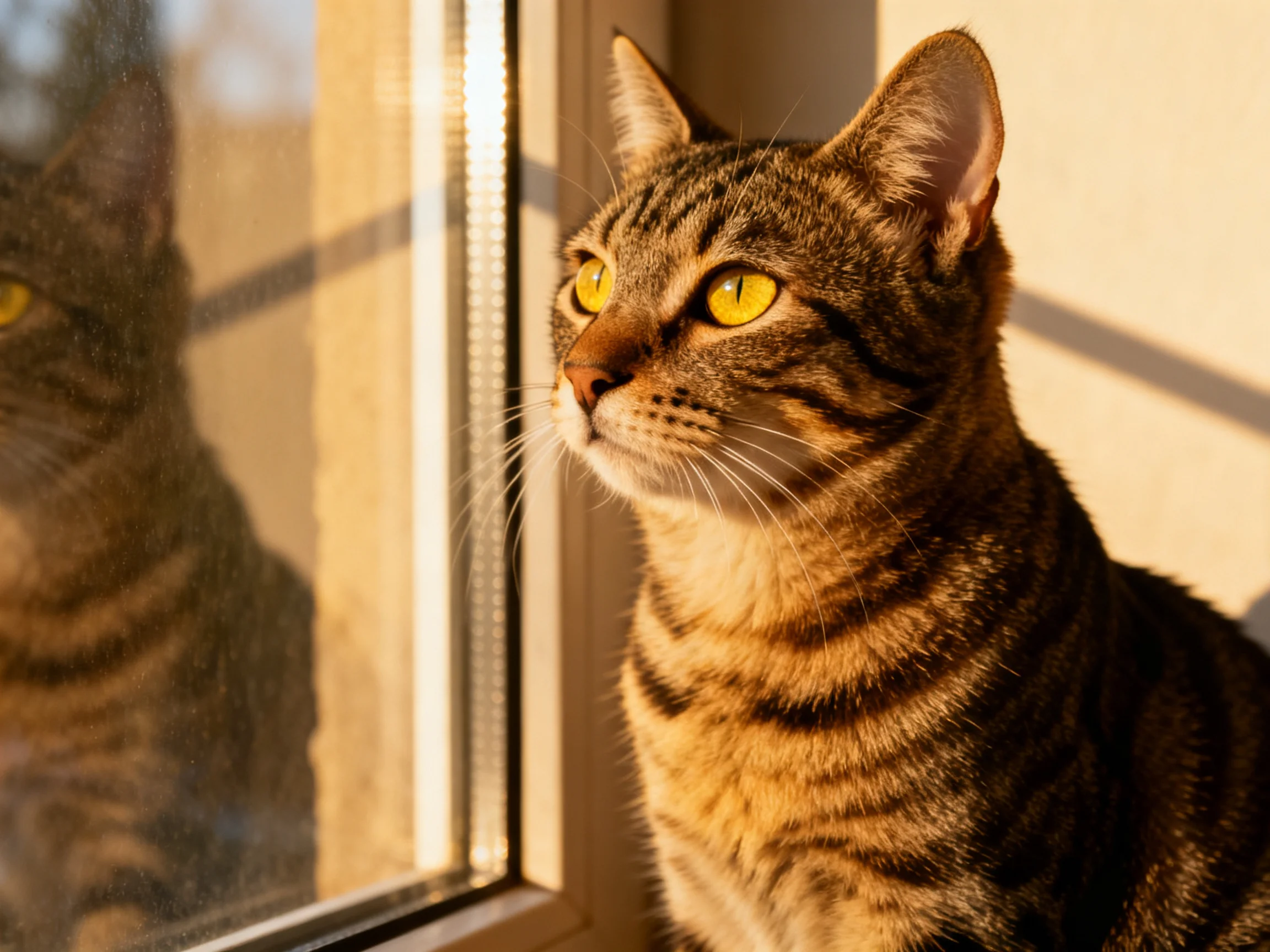 A tabby cat sits by a sunlit window, displaying its reflection.