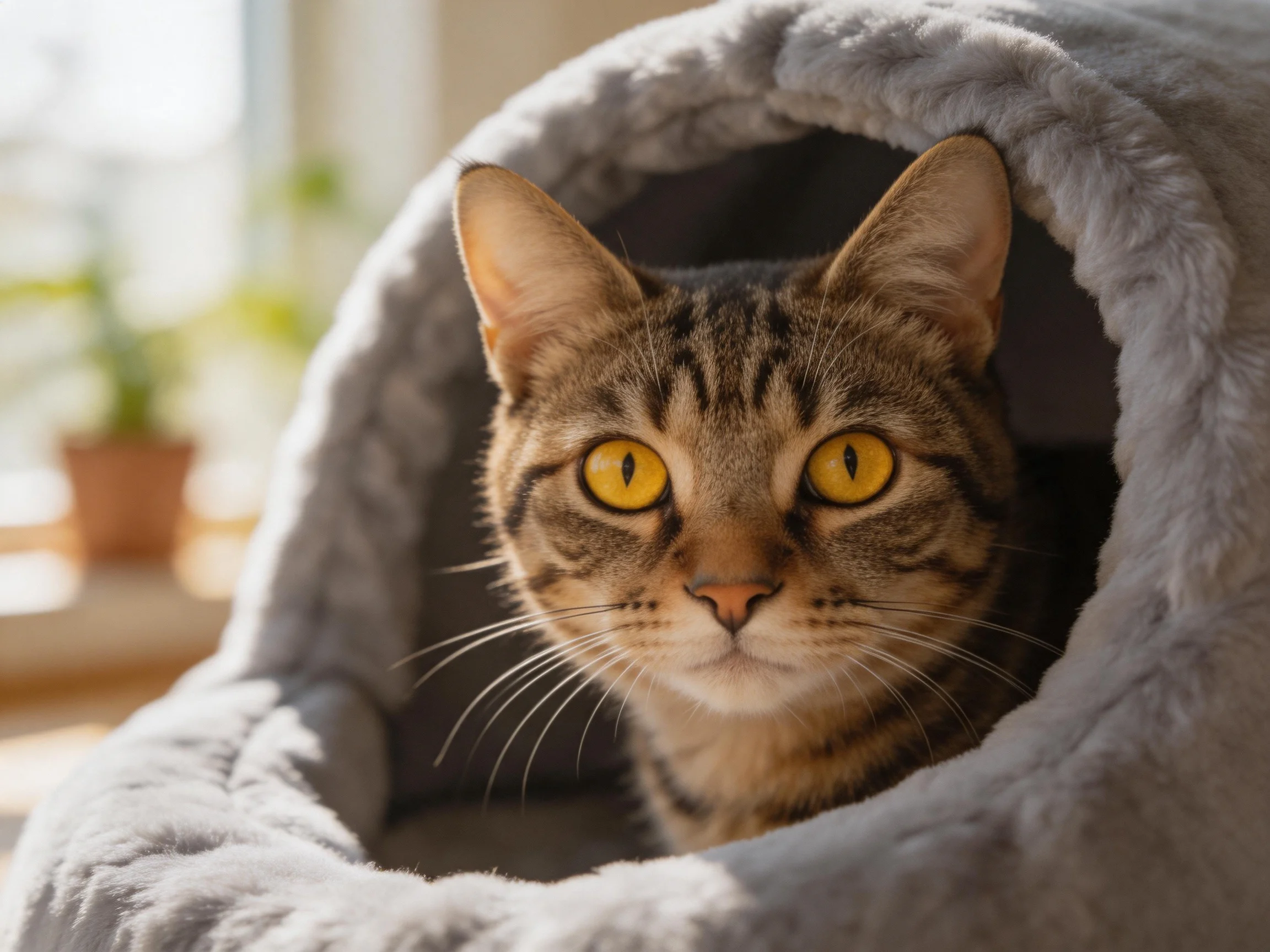 Tabby cat with bright yellow eyes sits in a soft gray pet bed by a sunlit window.