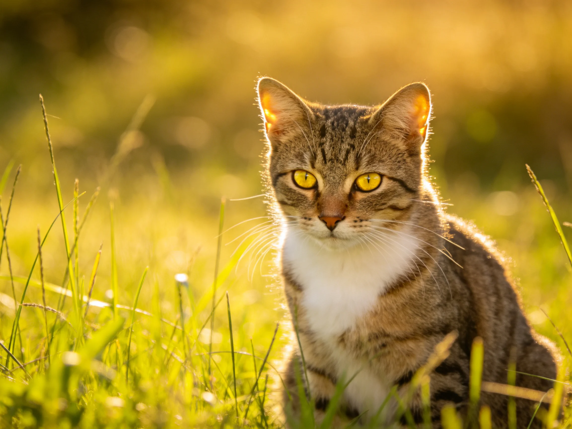 A tabby cat with bright yellow eyes sits calmly in sunlit grass.