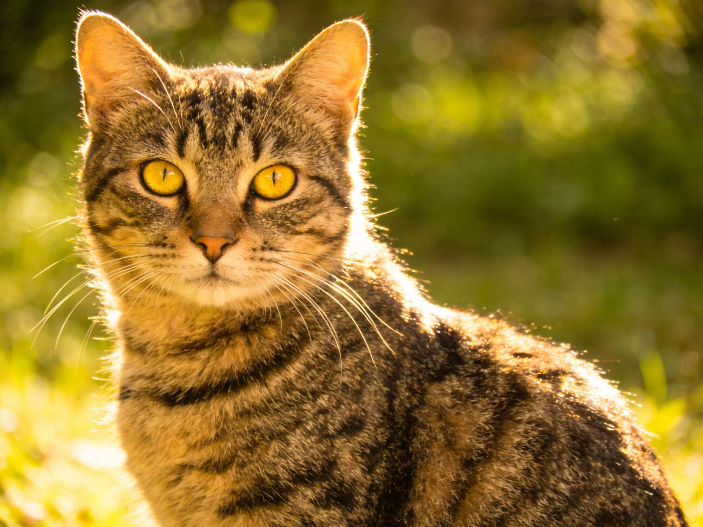 A tabby cat with bright yellow eyes is in a sunlit outdoor area.