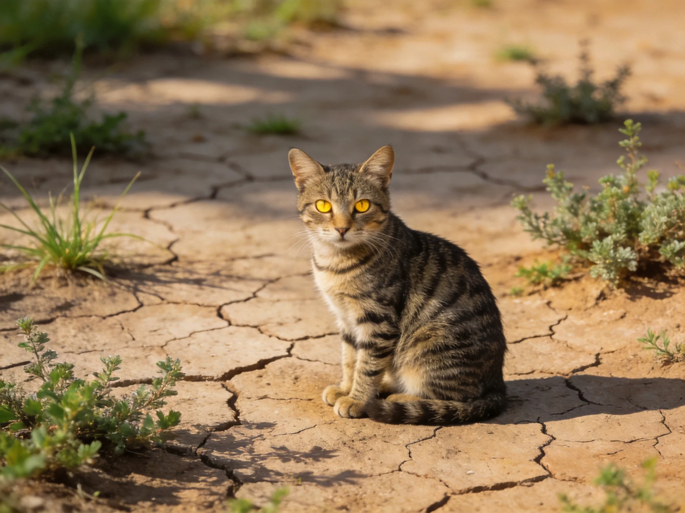 A tabby cat with yellow eyes sits on cracked earth among small plants.
