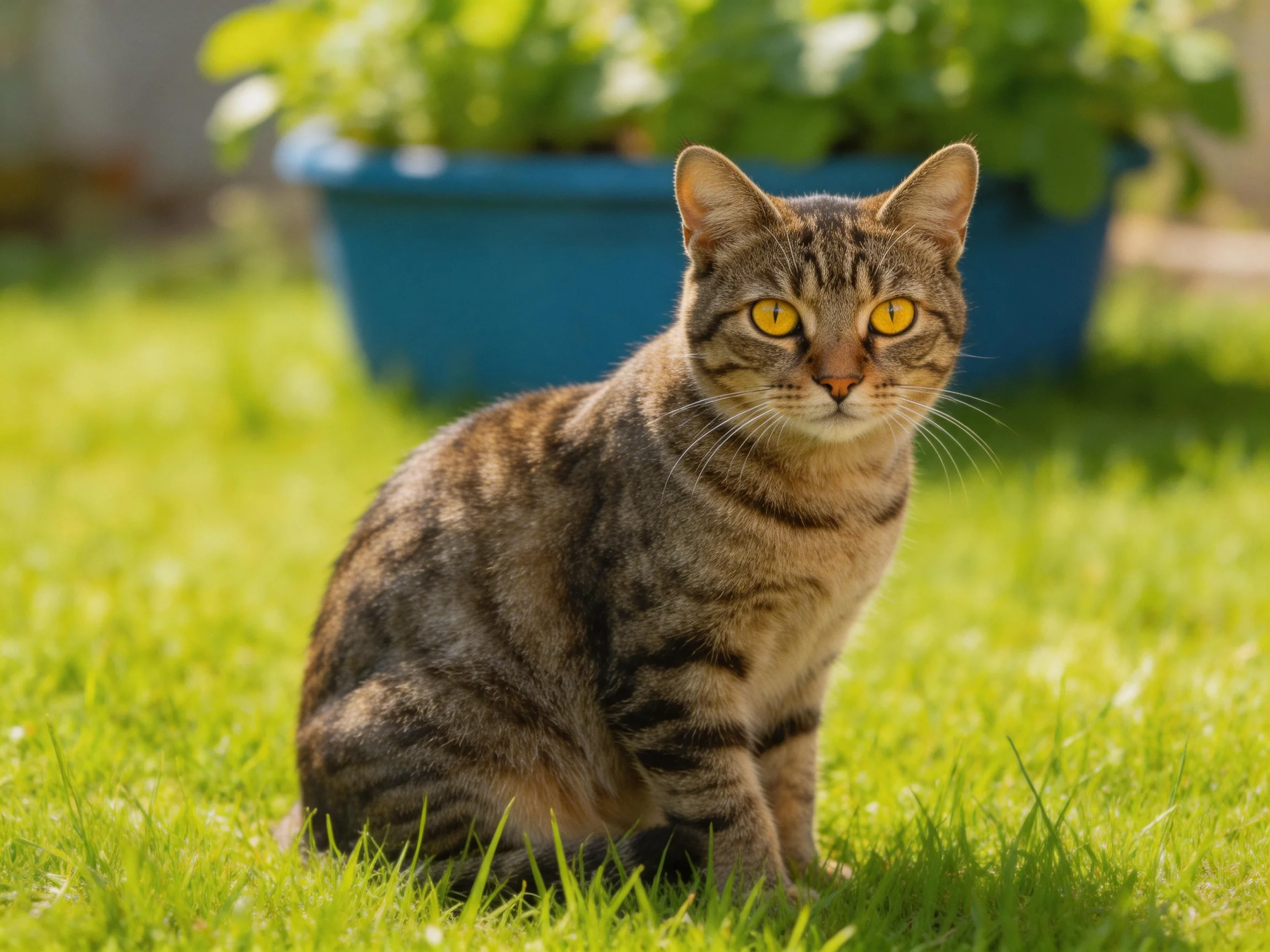 A tabby cat with bright yellow eyes rests on grass near a blue planter.