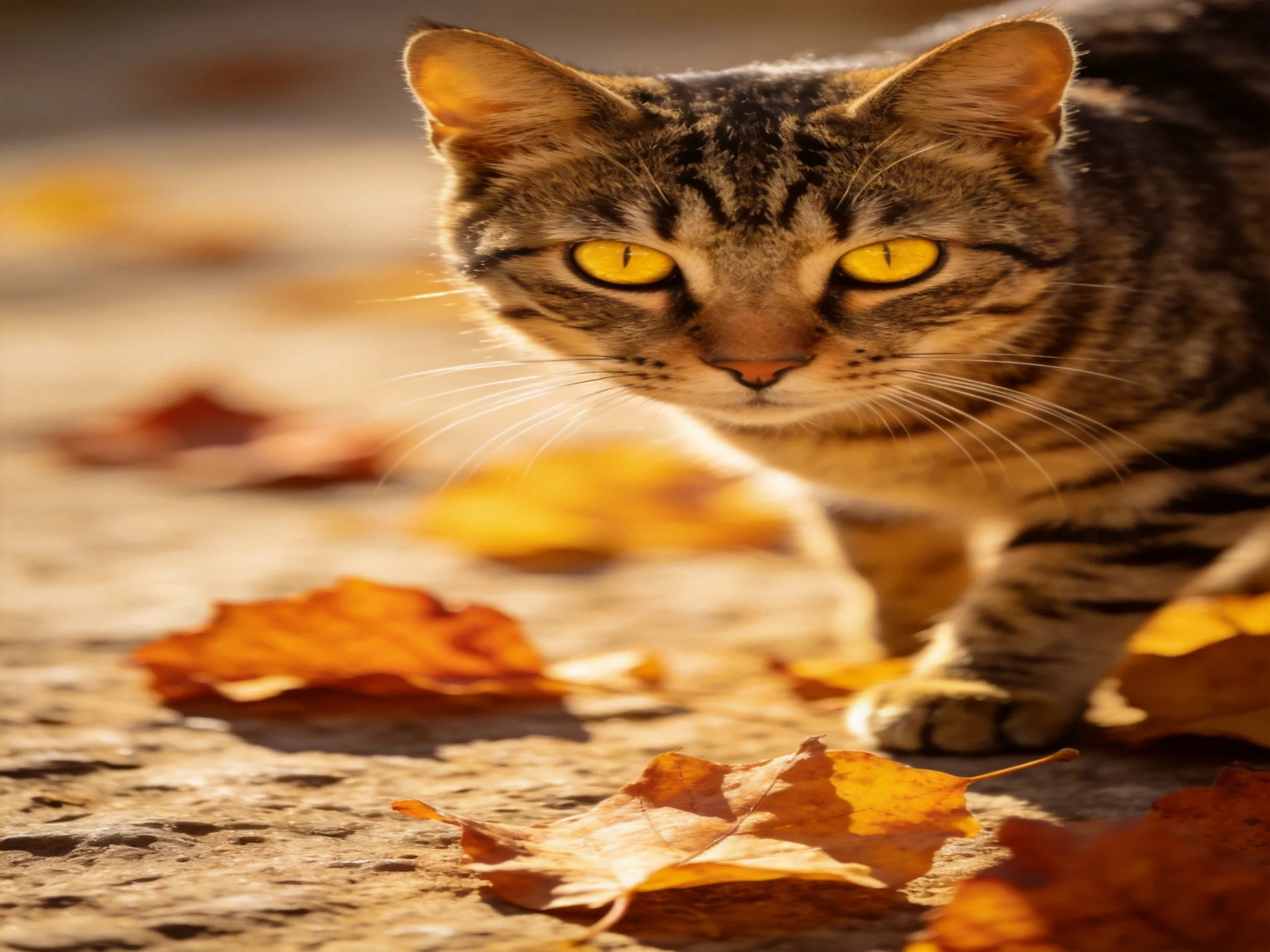 A tabby cat with yellow eyes moves through scattered autumn leaves.