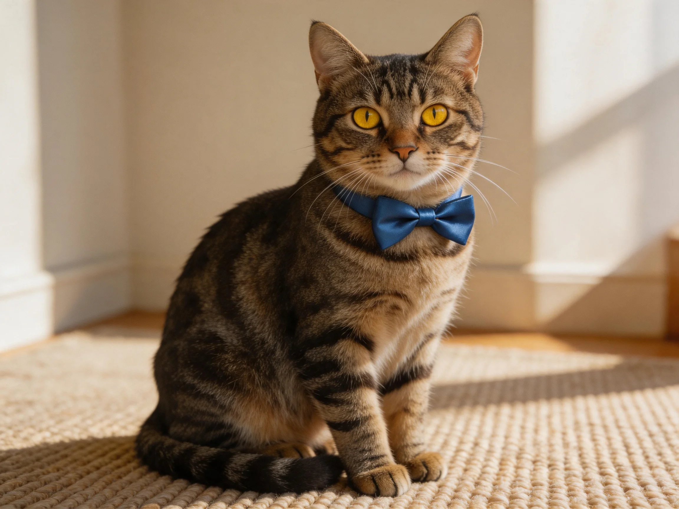 A tabby cat with a blue bow tie sits calmly on a carpeted floor.