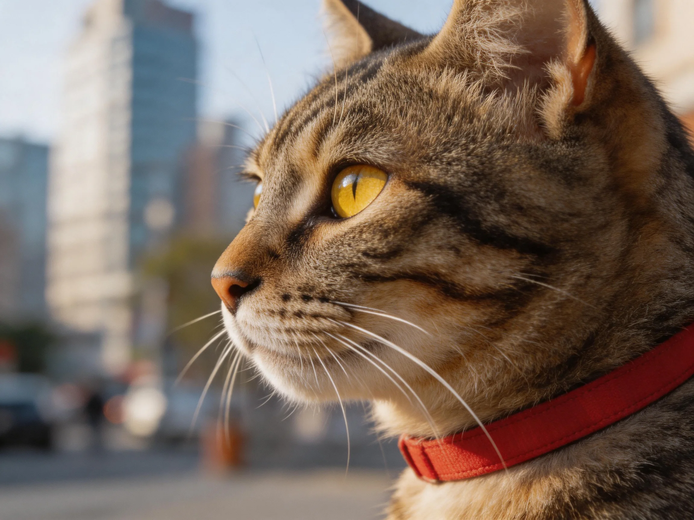 A tabby cat with a red collar looks toward an urban backdrop