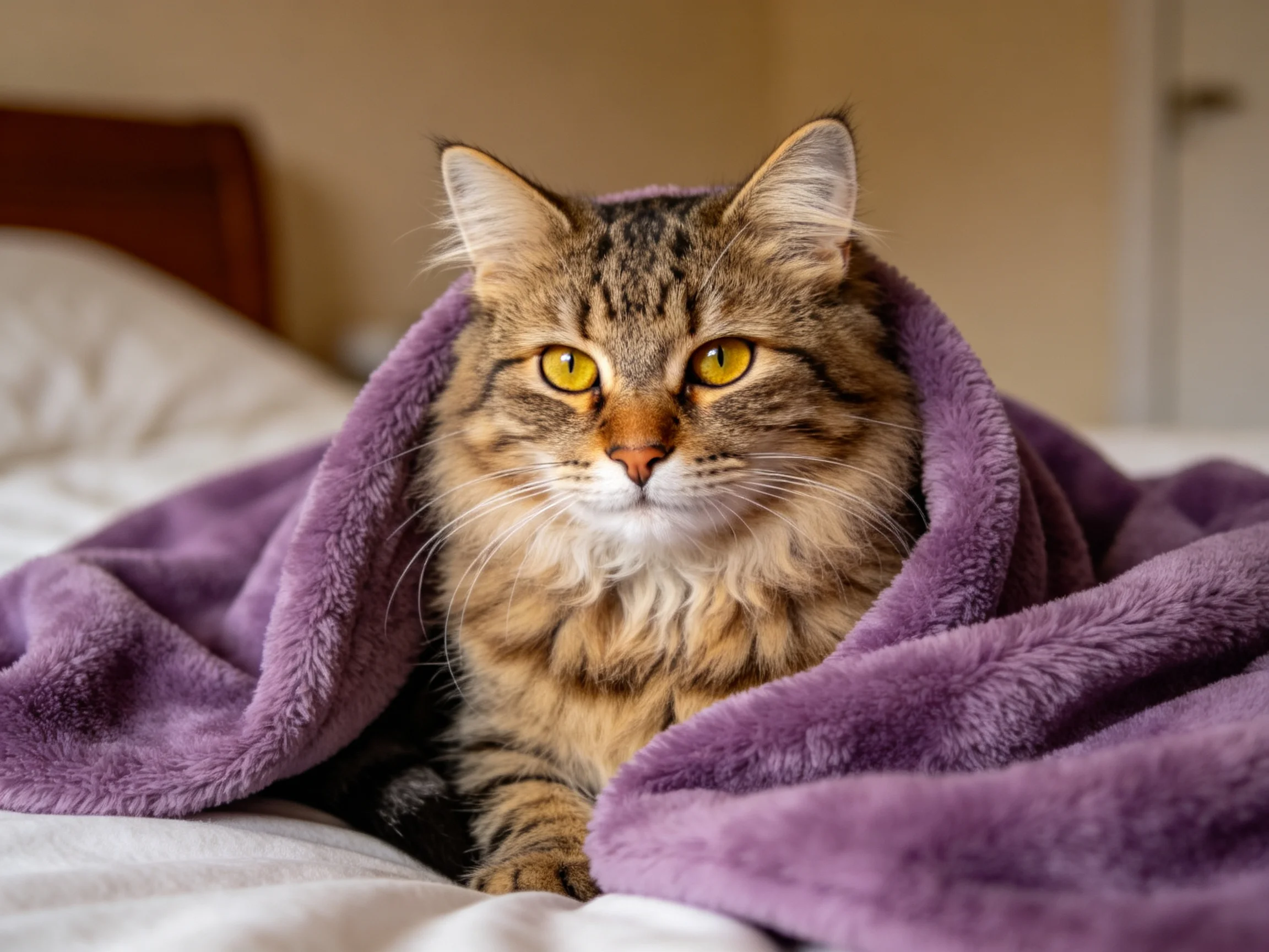 A tabby cat with yellow eyes is wrapped in a purple blanket on a bed.