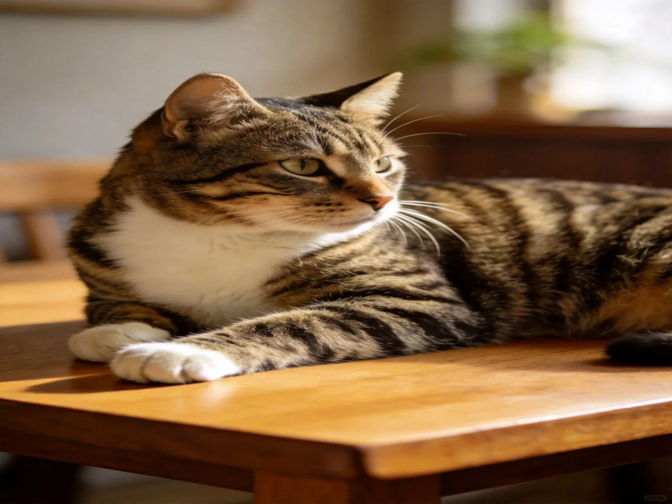 A tabby cat with striped fur relaxes on a wooden table in soft lighting.