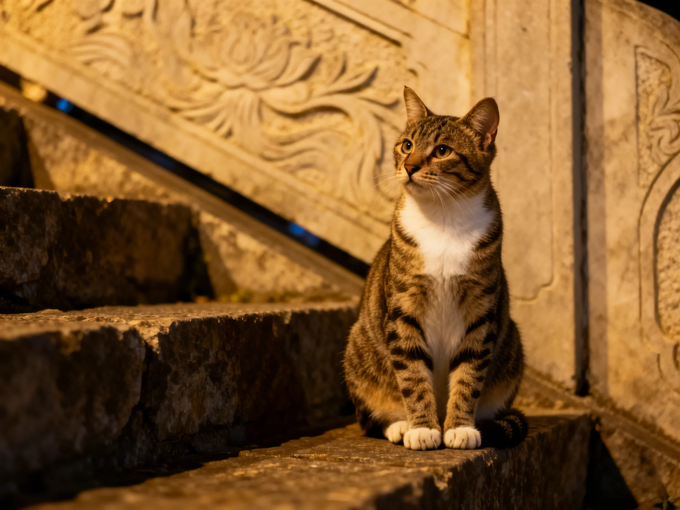 A tabby cat sits on stone steps near intricately designed walls