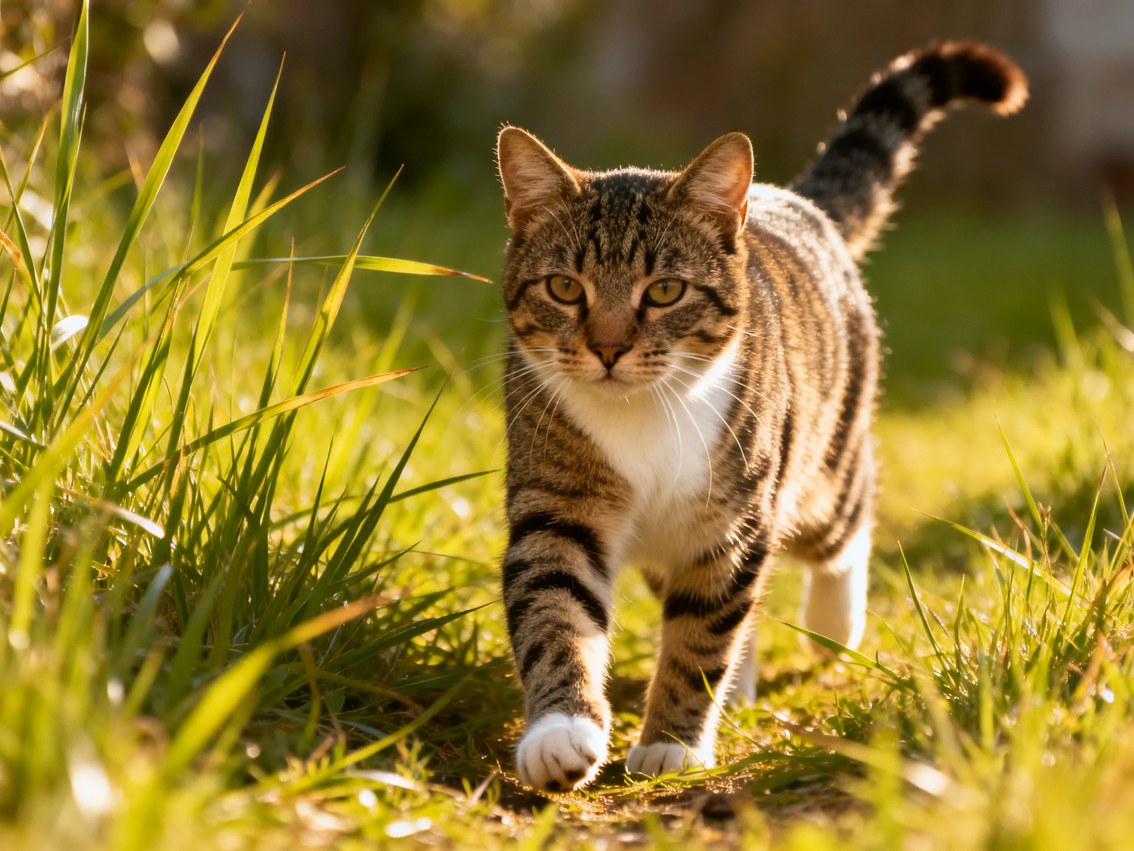 A tabby cat with brown and black stripes walks through sunlit green grass.