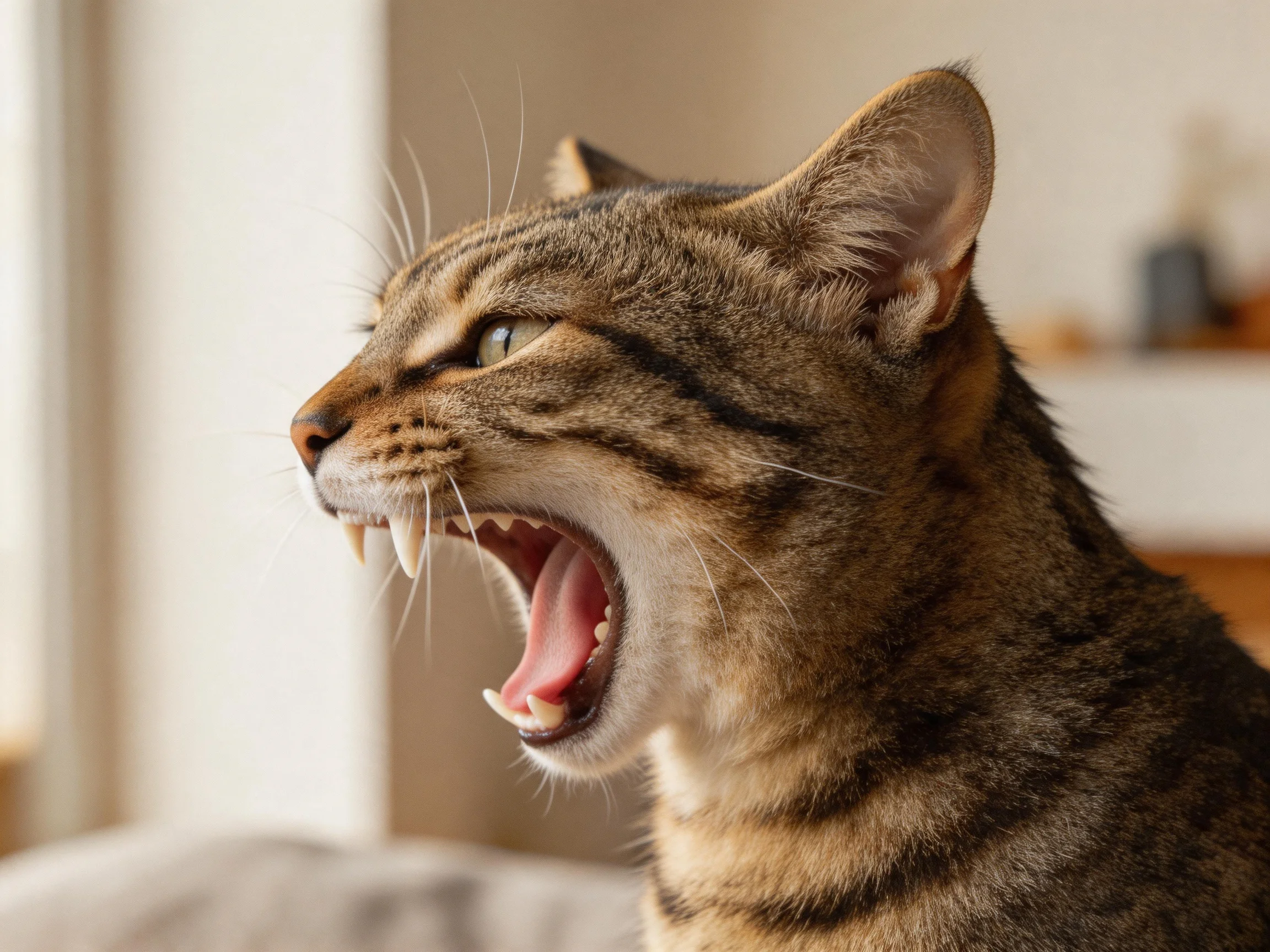 A tabby cat with brown and black stripes yawns widely in an indoor setting