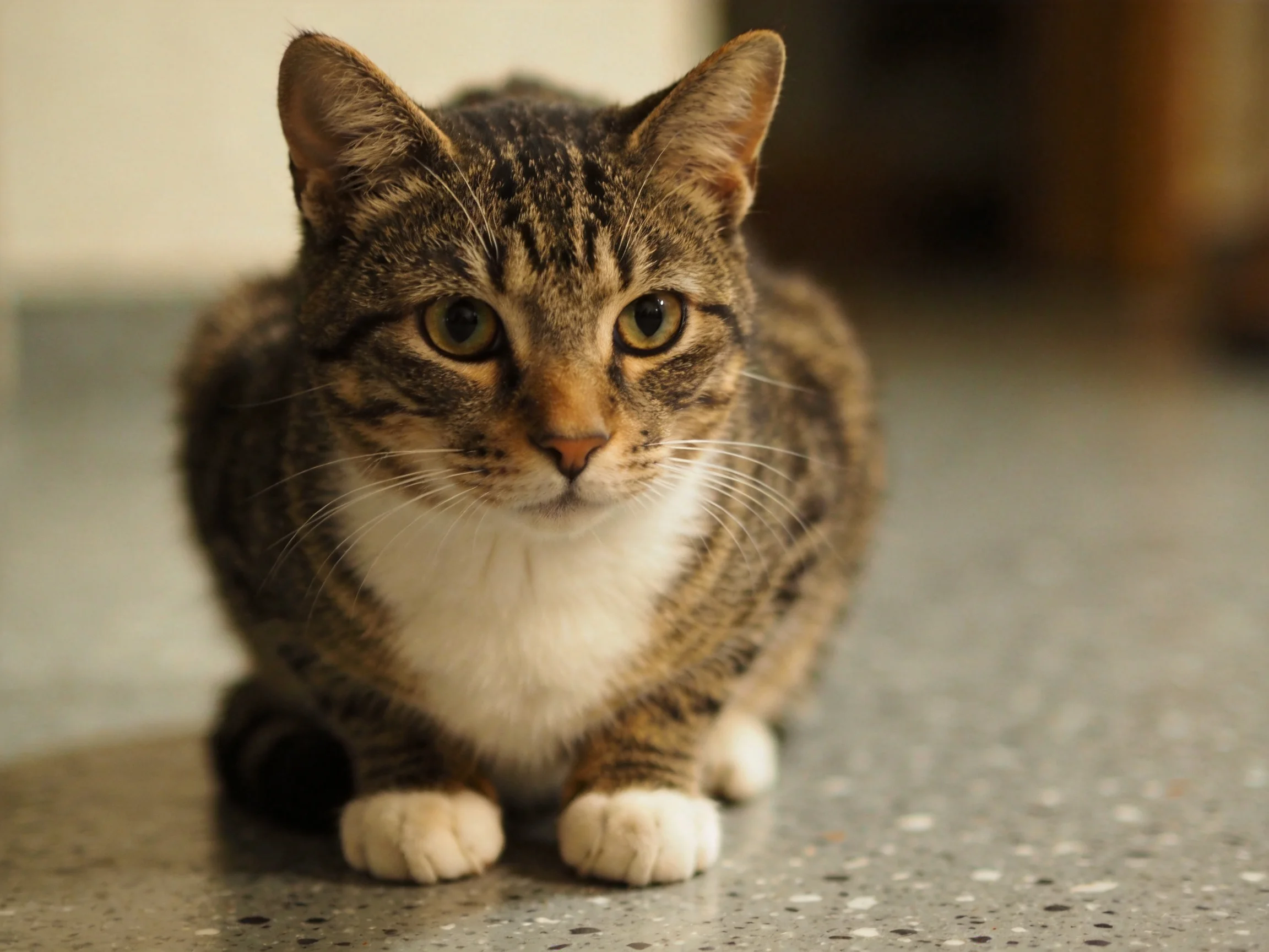 A tabby cat sits calmly on a speckled indoor surface.
