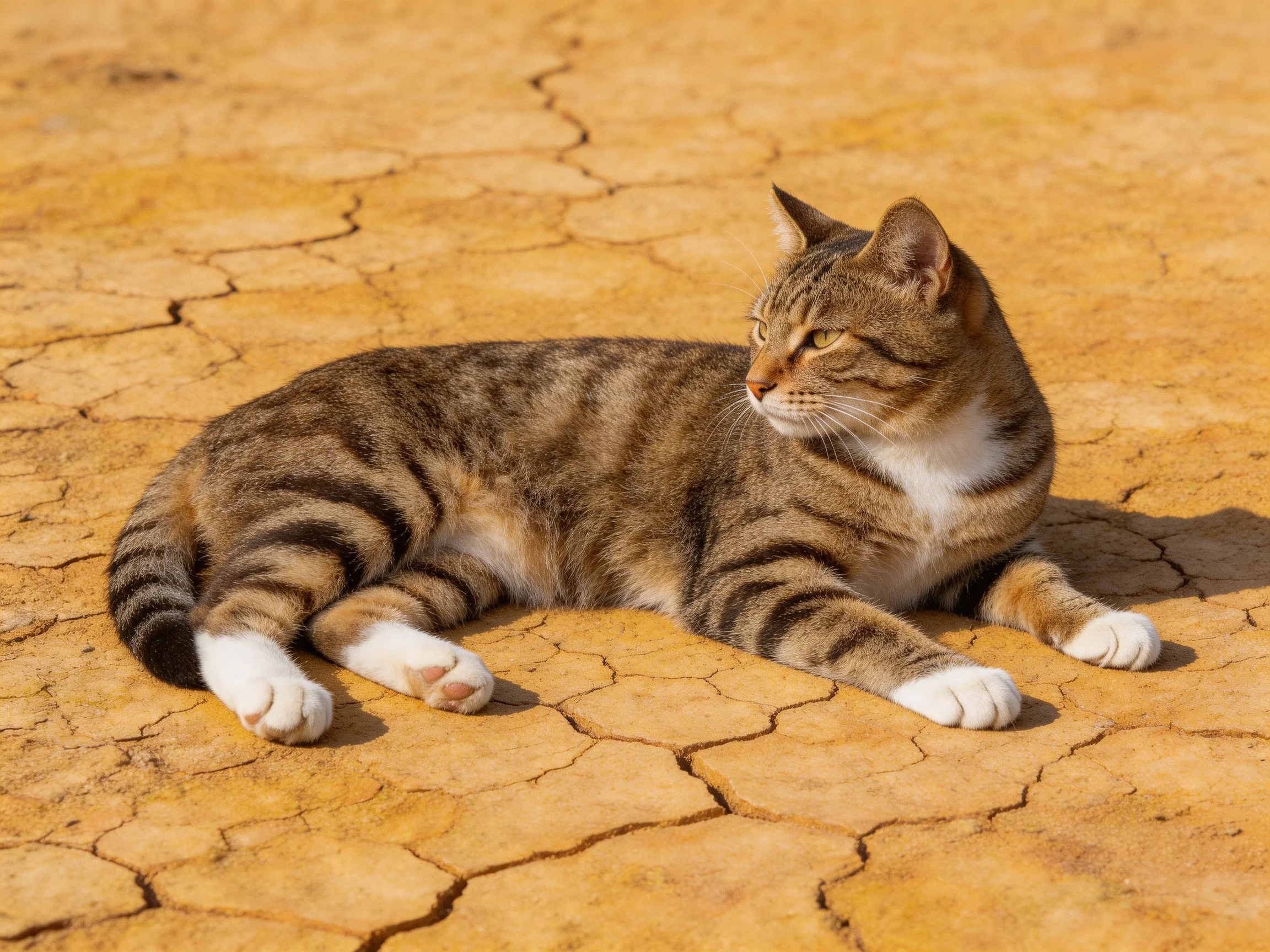 A tabby cat rests on dry, cracked ground under bright sunlight.