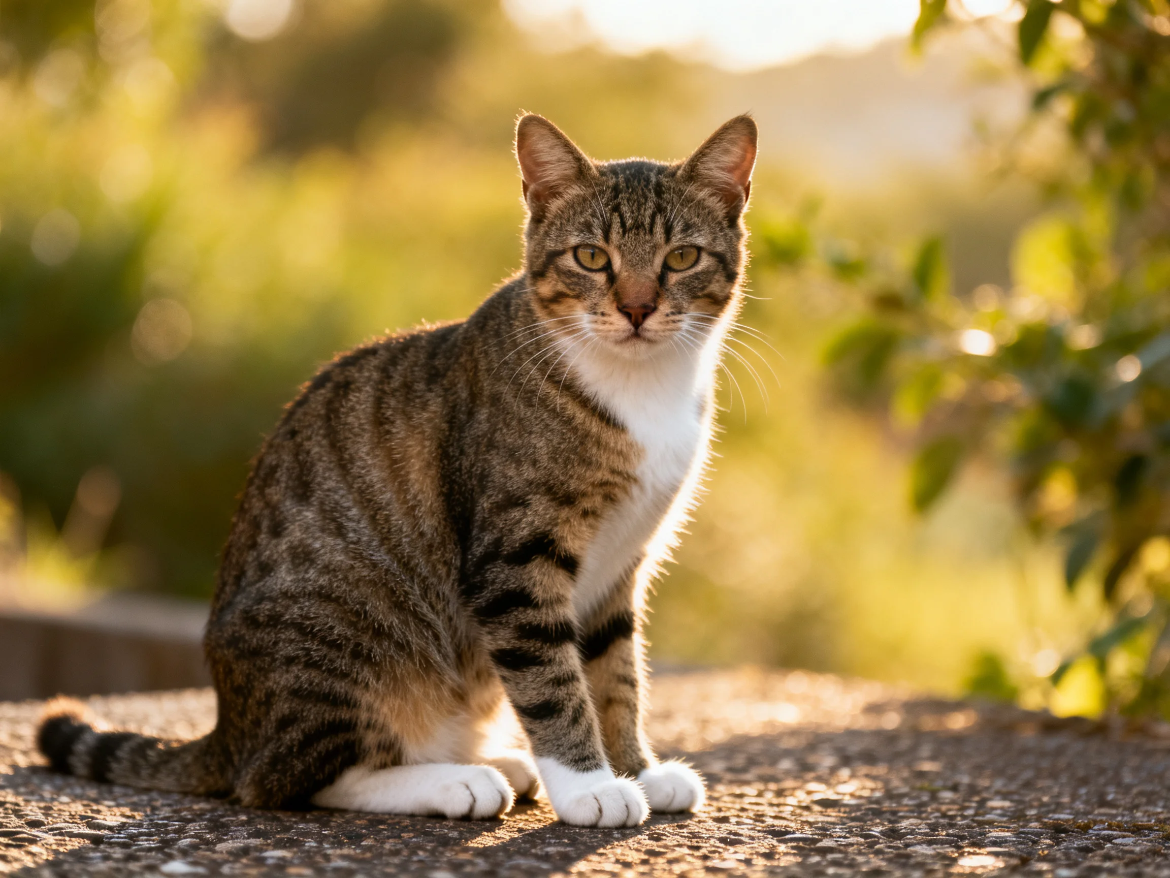 A tabby cat with brown, black, and white fur sits on a sunlit surface.