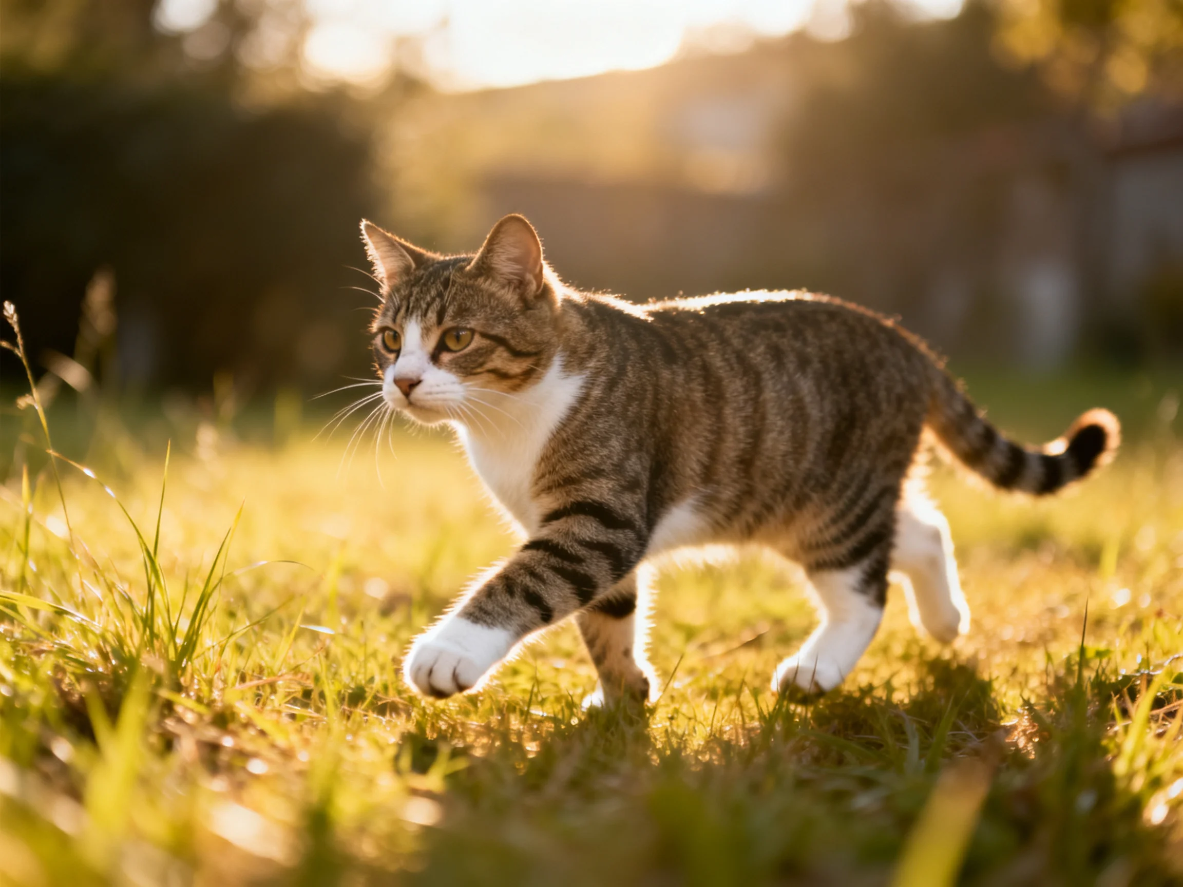 A tabby cat with brown stripes explores sunlit grassy terrain