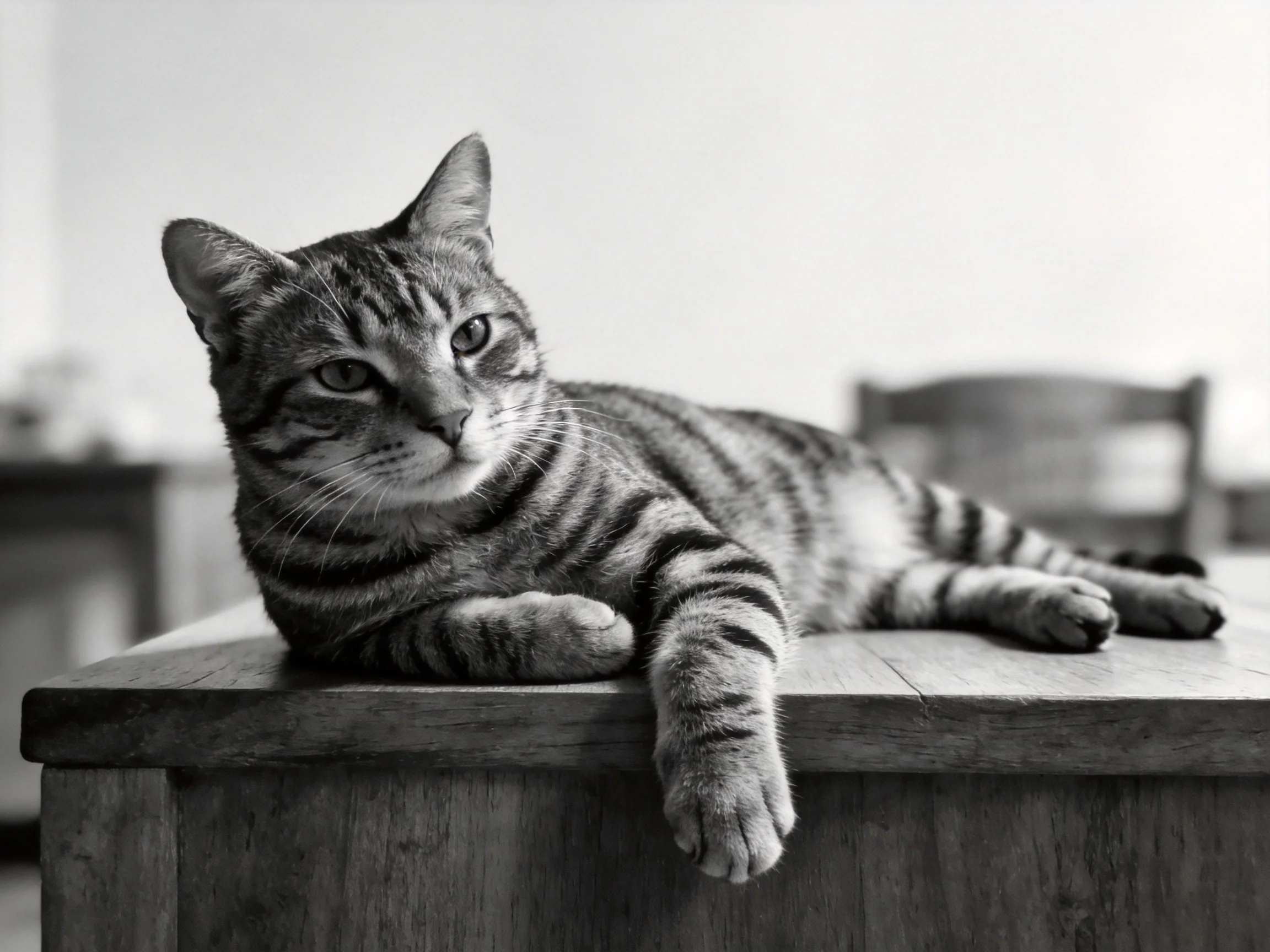 A tabby cat with dark stripes lounges on a wooden table in black and white