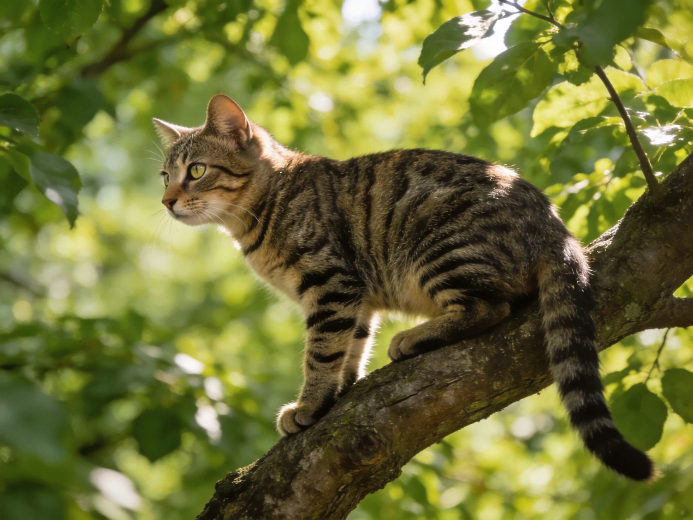 A tabby cat with dark stripes perches on a tree branch amid green foliage