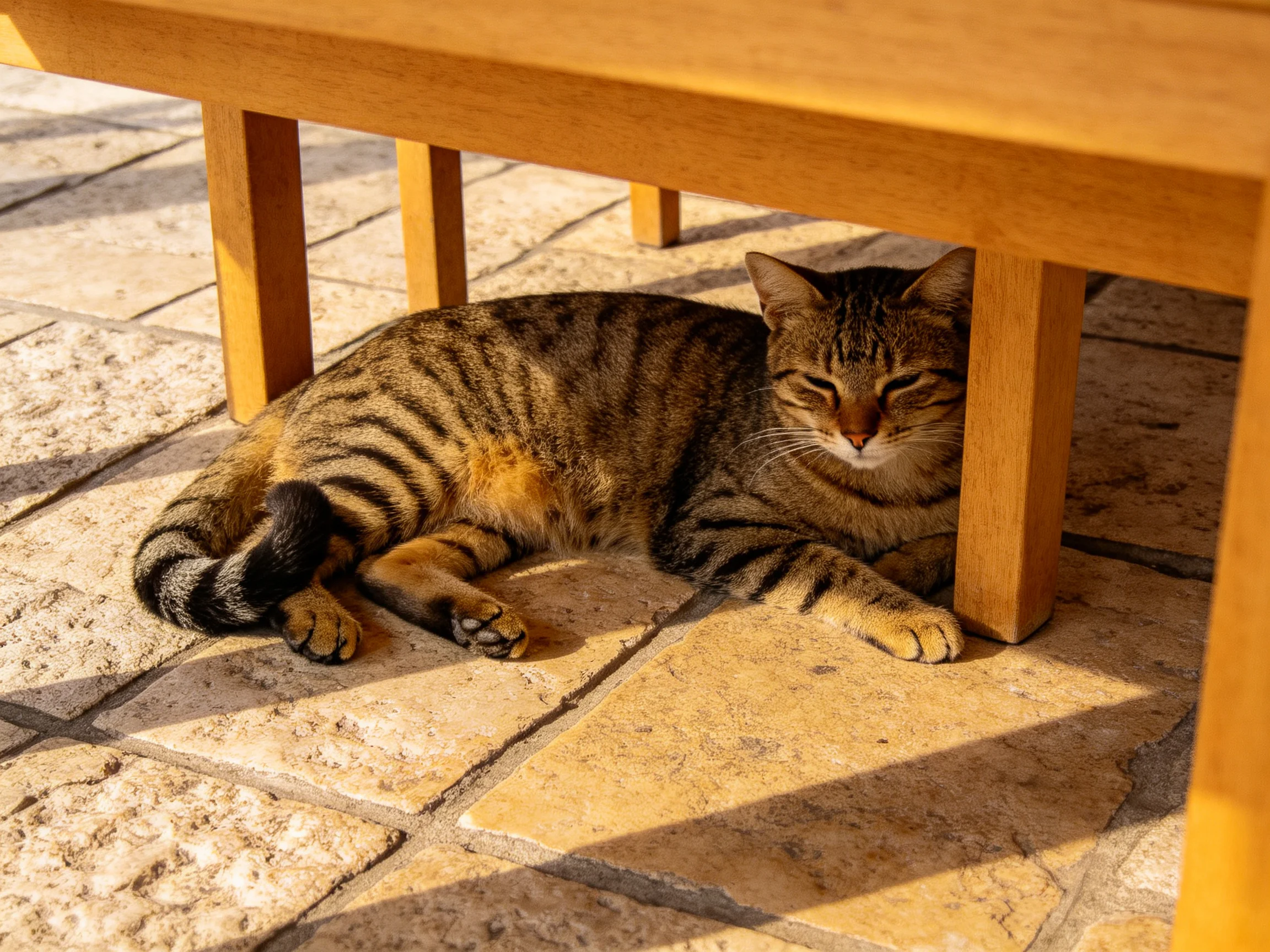 A tabby cat with dark stripes rests under a wooden table on stone tiles