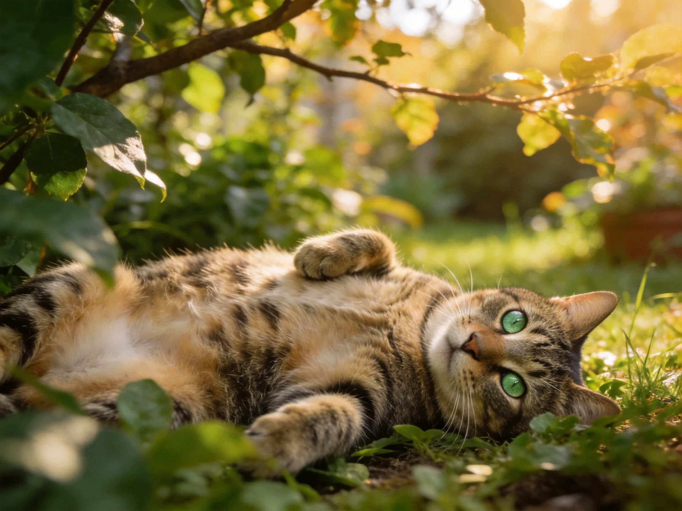 A tabby cat with green eyes lies on grass in a sunlit garden.