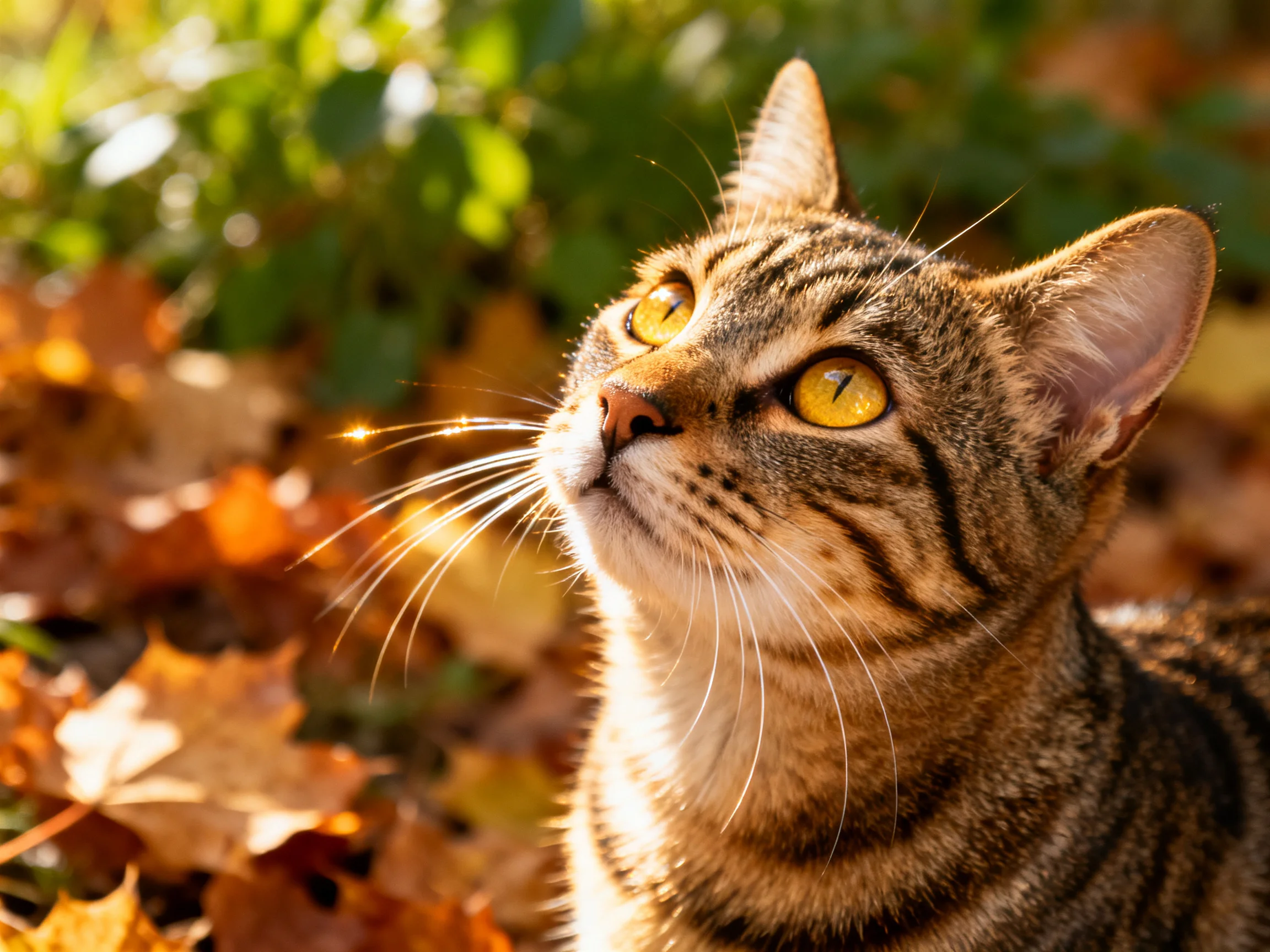 A tabby cat with golden eyes sits among fallen leaves in a sunlit outdoor setting.