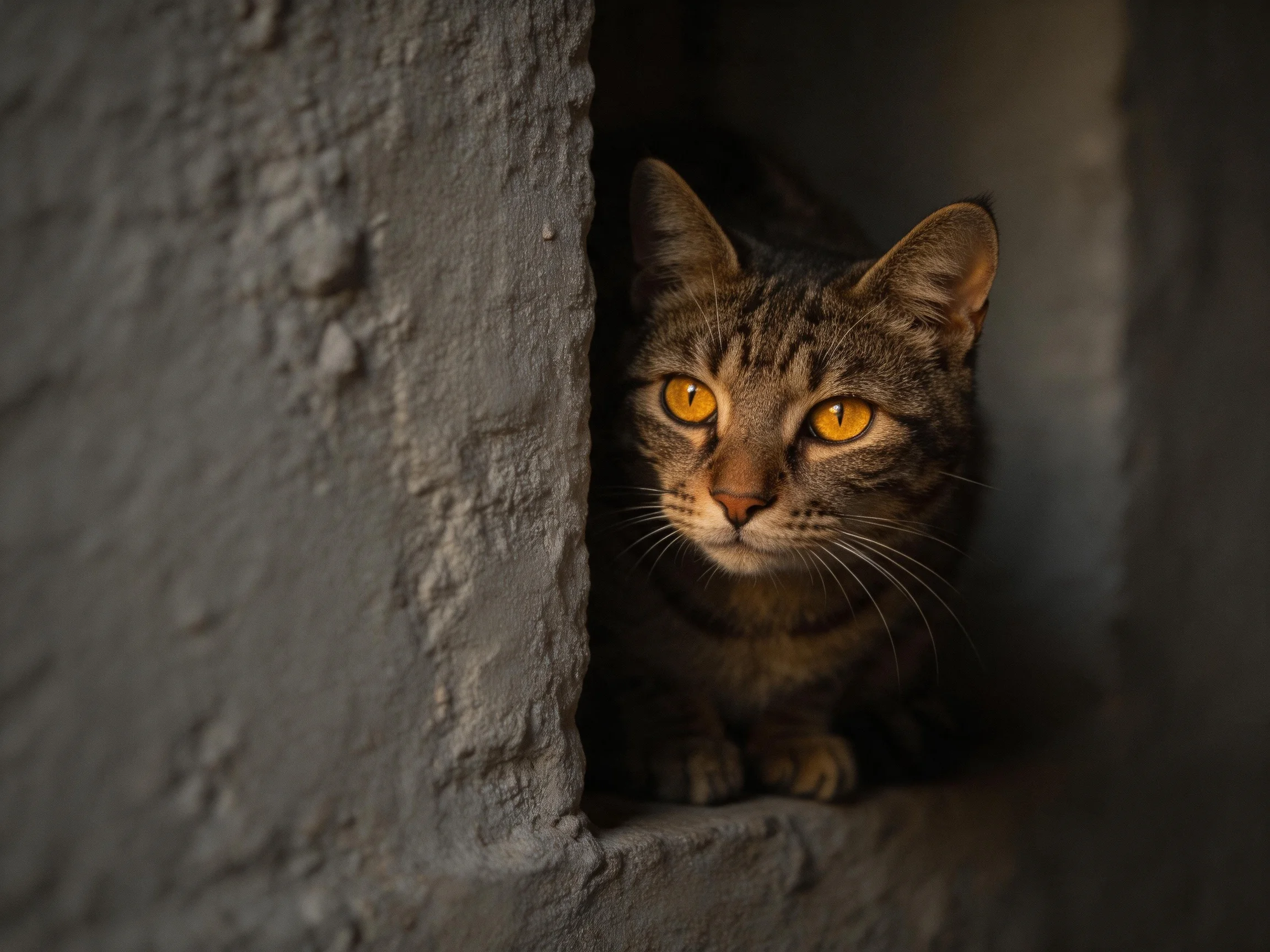 A tabby cat with golden eyes hides in a narrow stone crevice