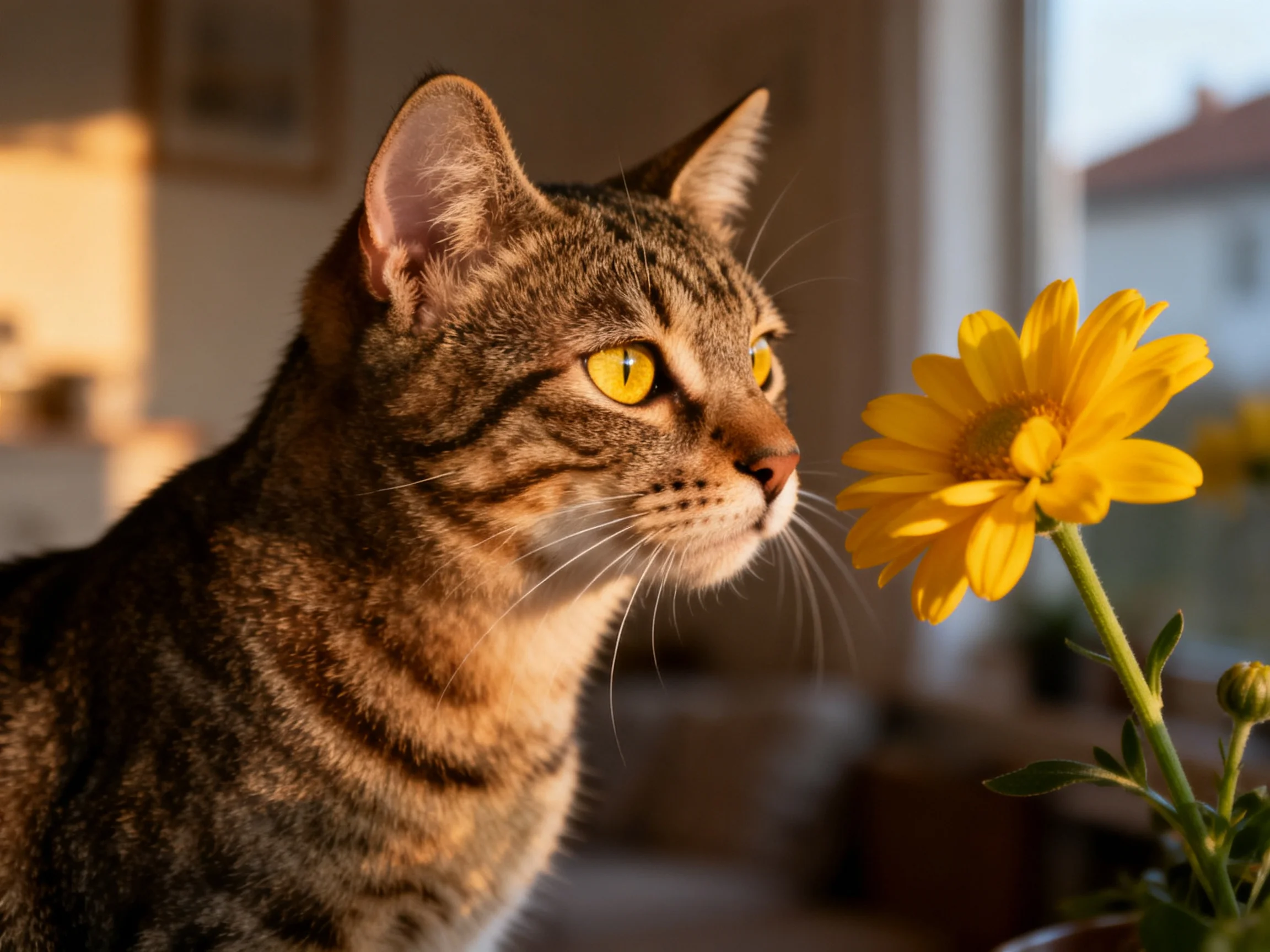 A tabby cat gazes at yellow flowers by a sunlit window.