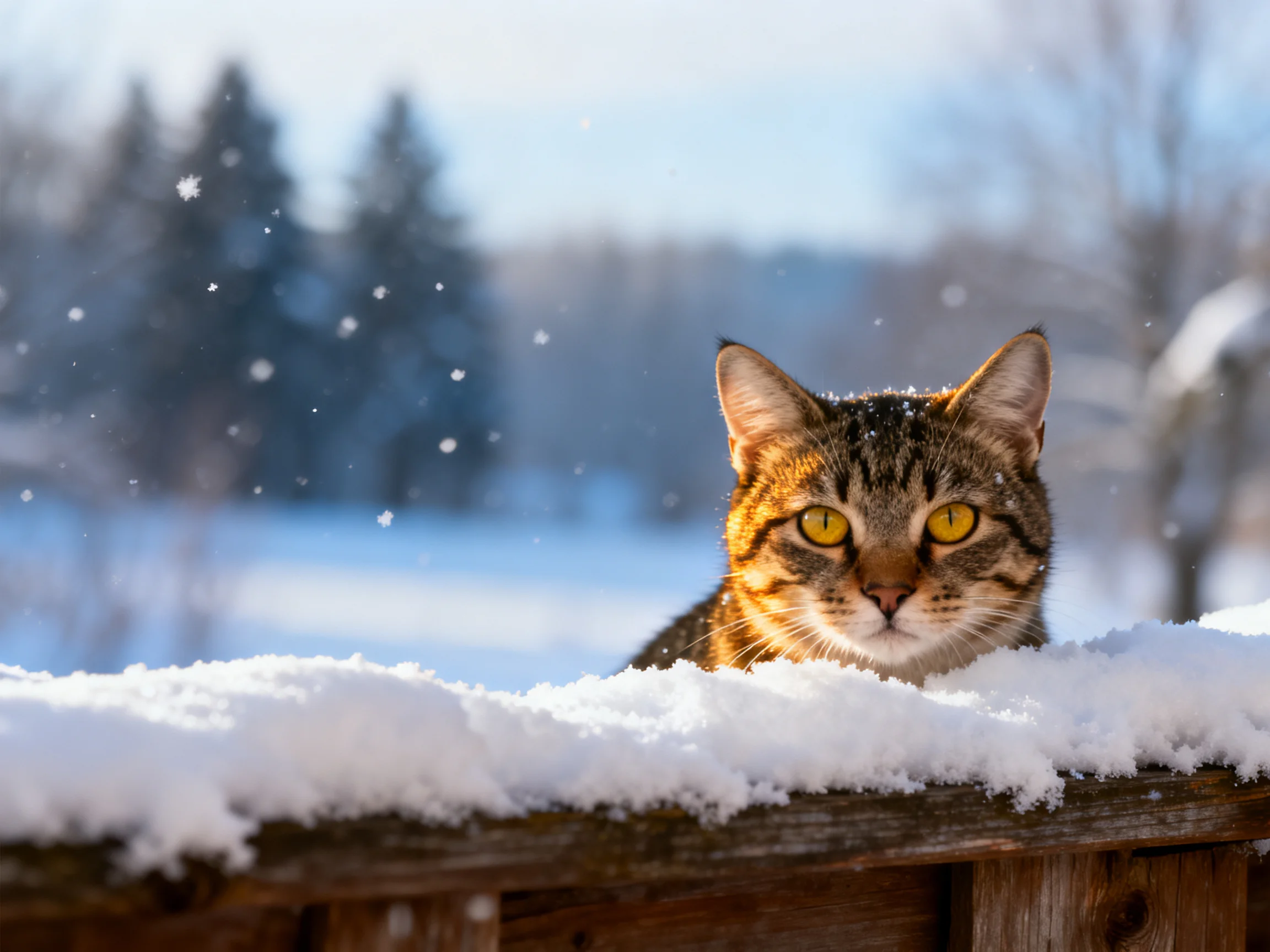 A tabby cat with golden eyes peeks over a snow-covered wooden fence