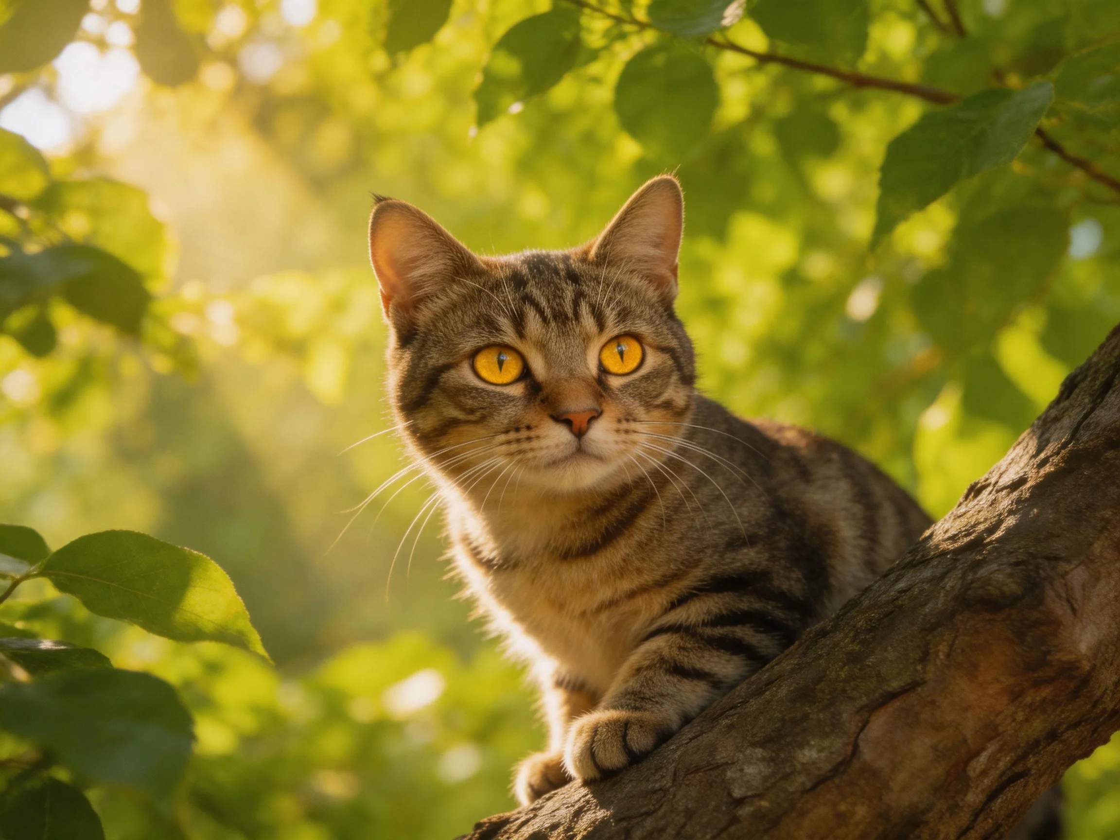 A tabby cat with bright yellow eyes sits on a tree branch in a sunlit, leafy setting.