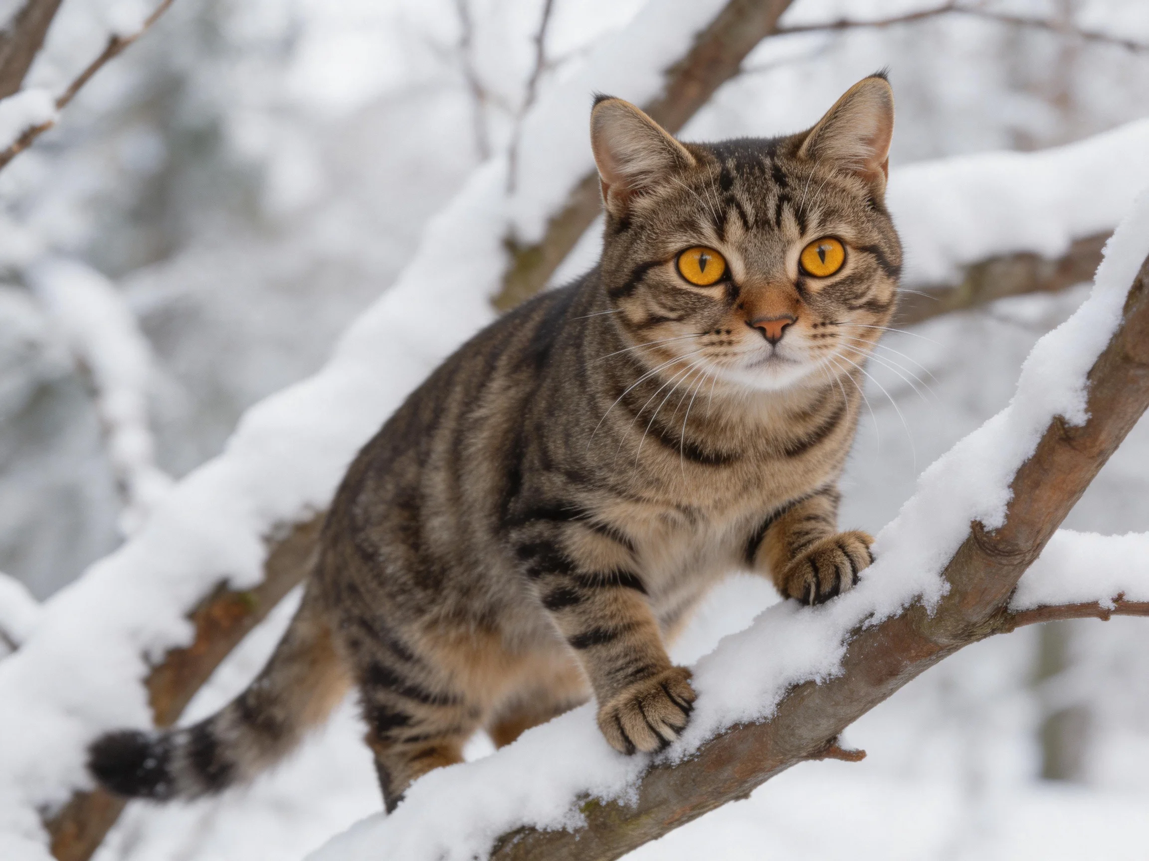 A tabby cat with golden eyes sits on snow-covered branches in a wintry setting.