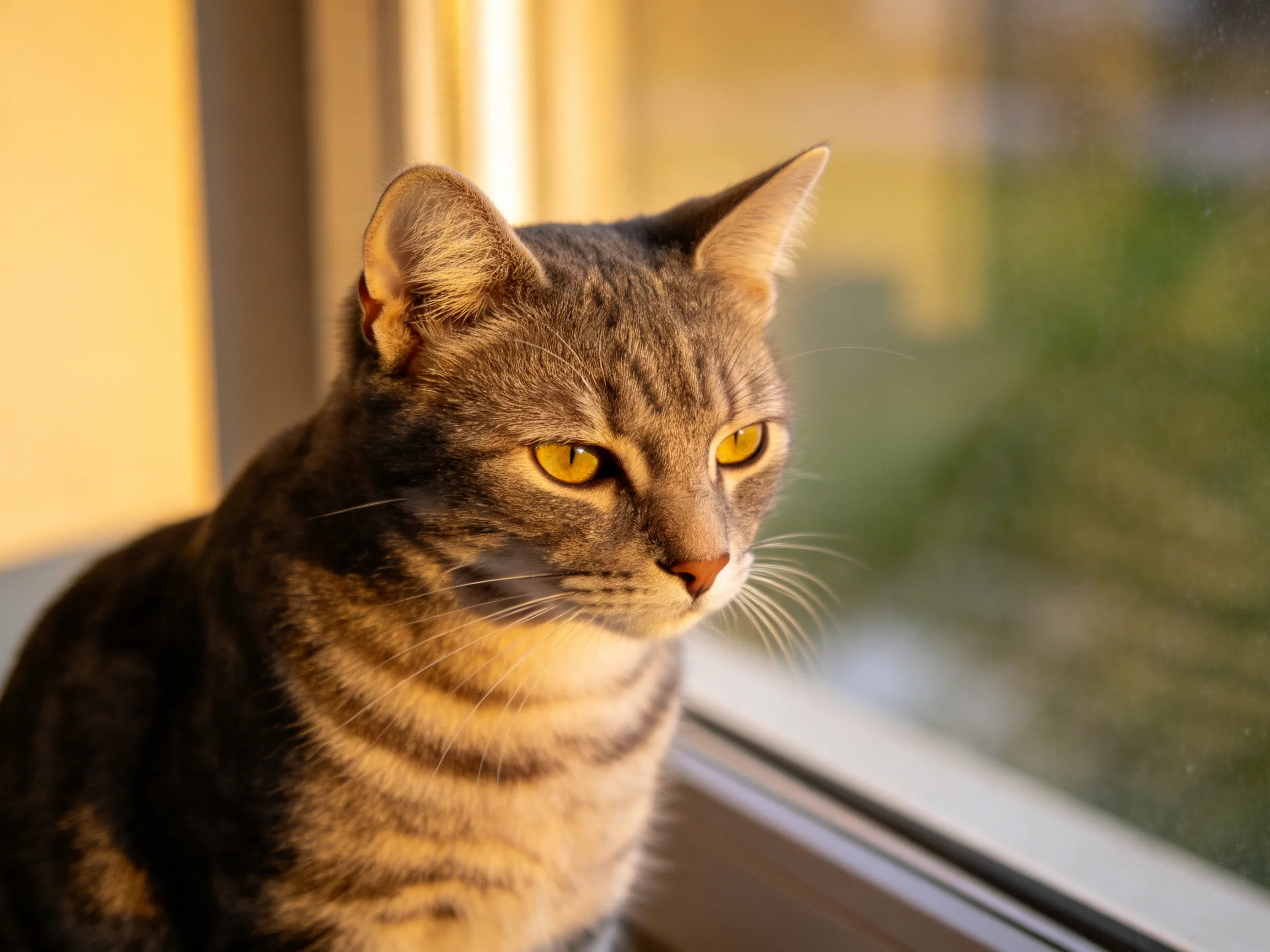 A tabby cat gazes outside from a sunlit windowsill.
