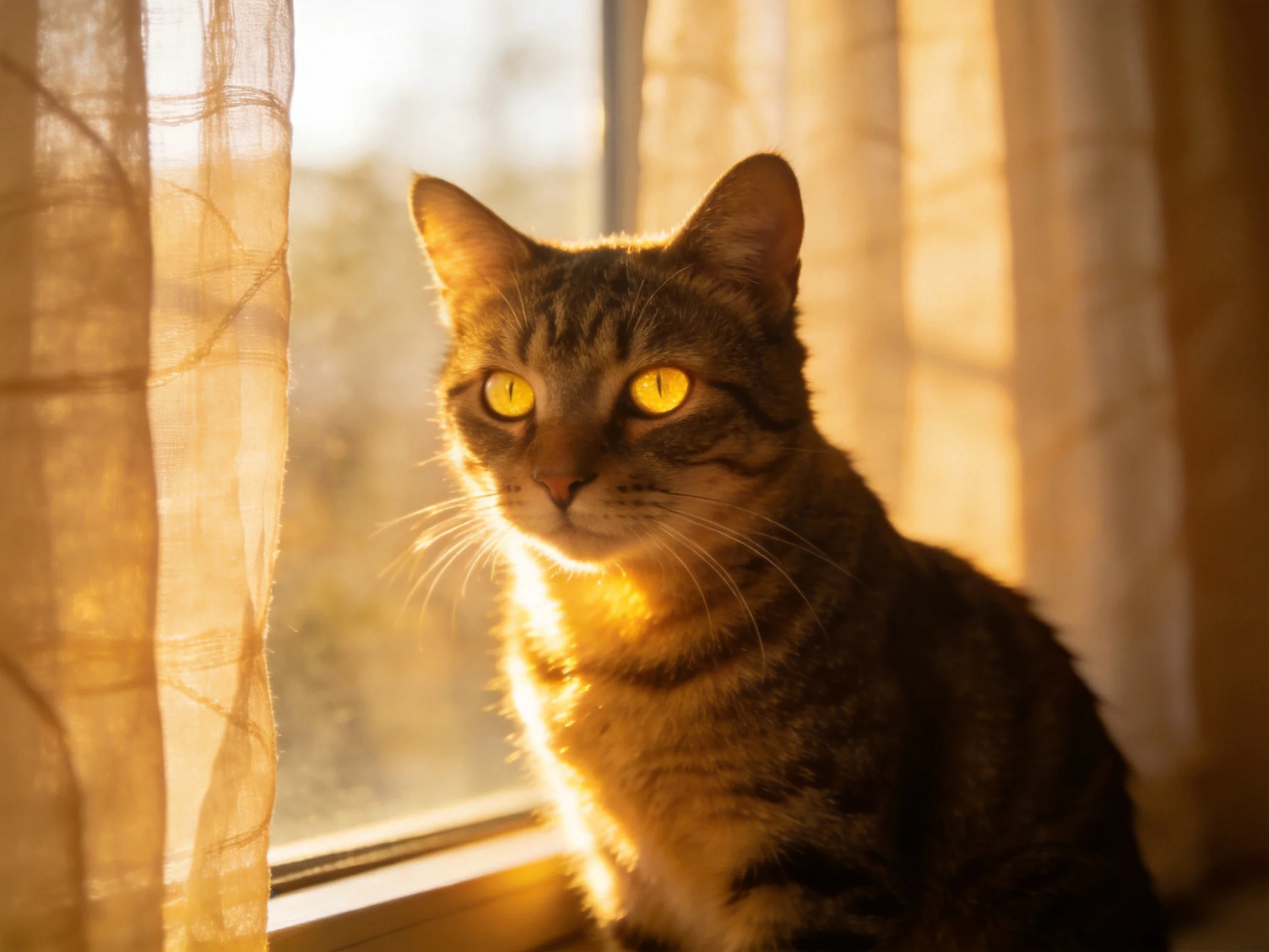 Tabby cat with golden eyes sits by sunlit windows with sheer curtains