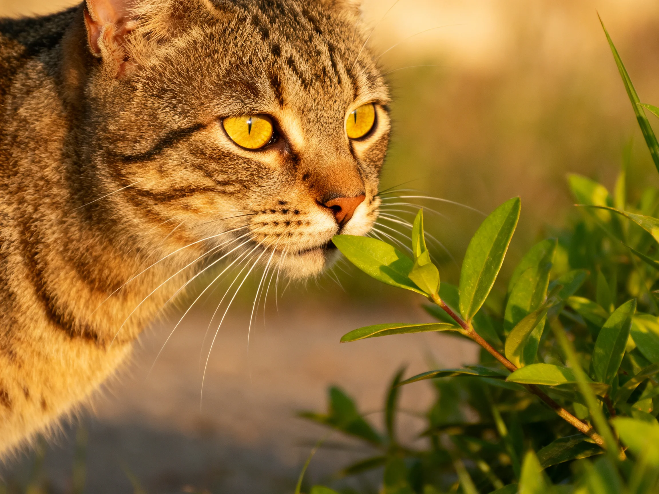 A tabby cat with golden eyes sniffs vibrant green foliage