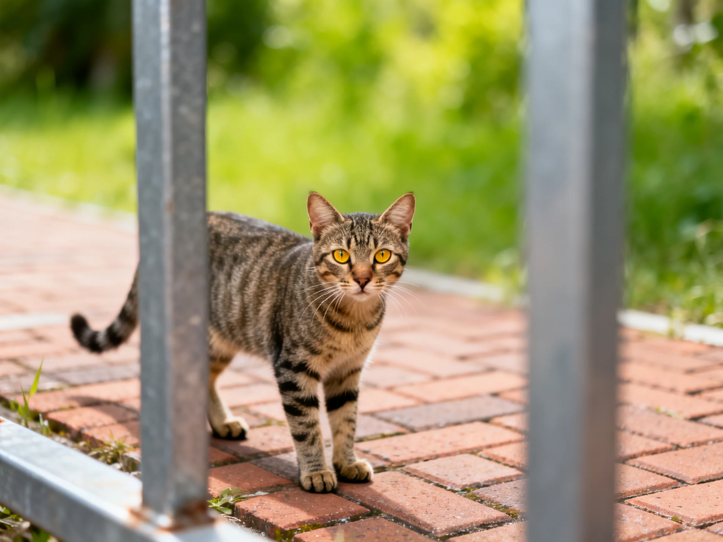 A tabby cat with golden eyes walks on a brick walkway beside metal rails