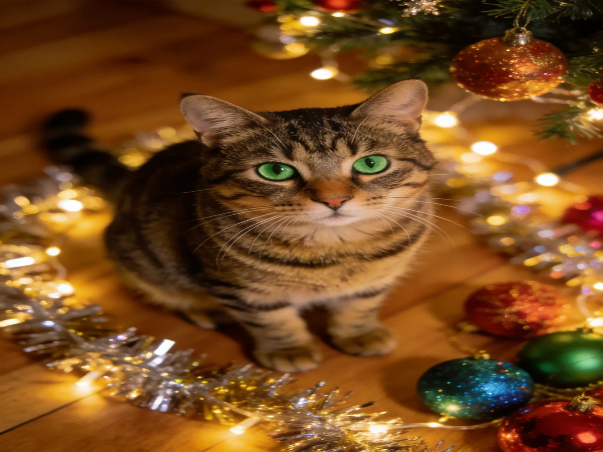 A tabby cat with green eyes is surrounded by Christmas decorations and glowing lights