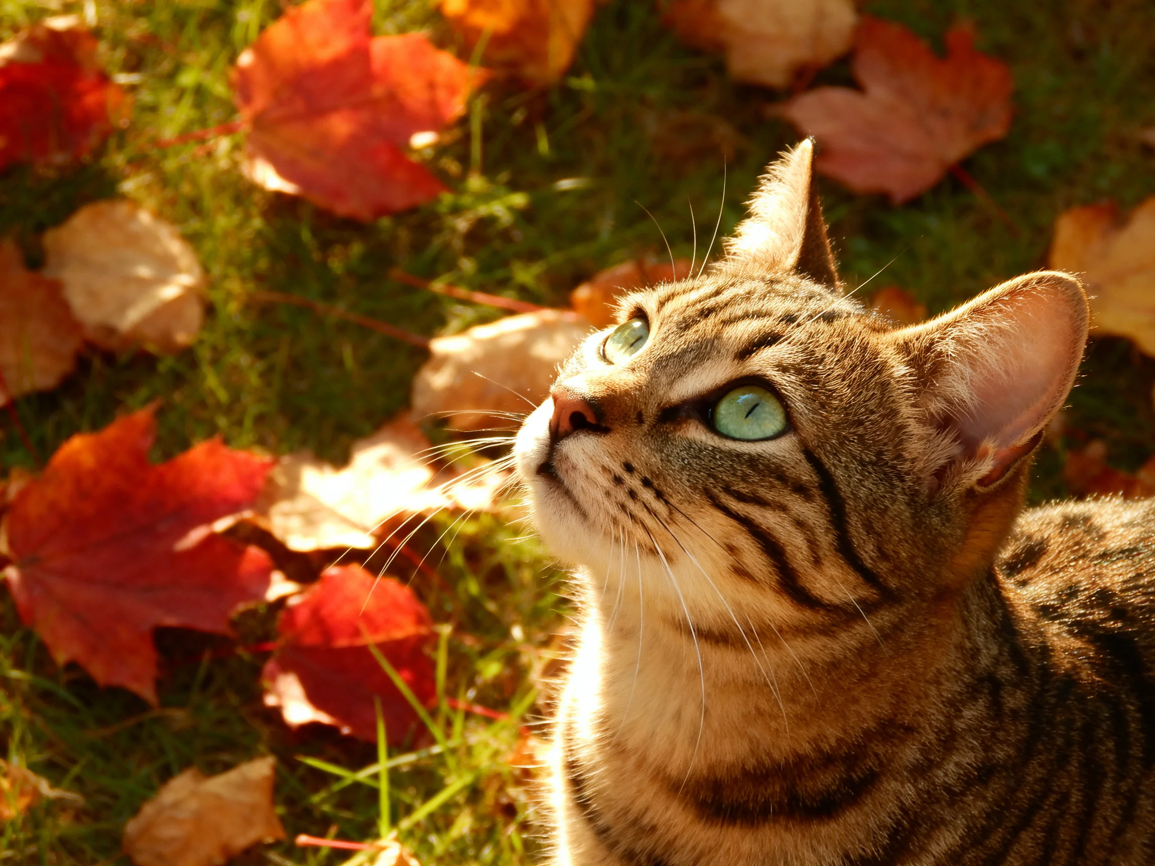 A tabby cat with green eyes observes near scattered autumn leaves.
