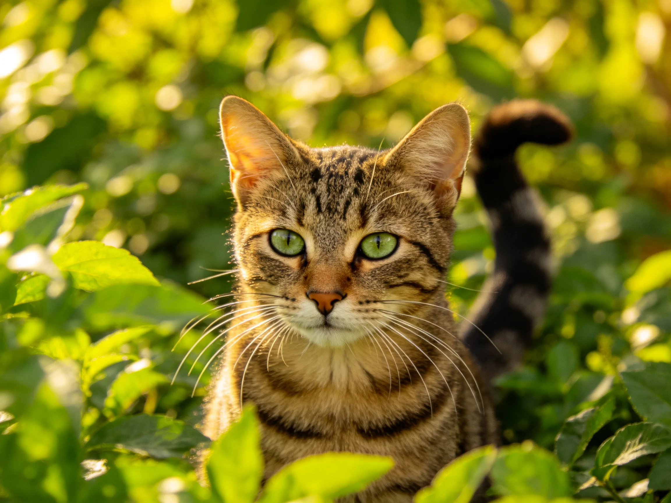 A tabby cat with green eyes sits among dense greenery in bright daylight.