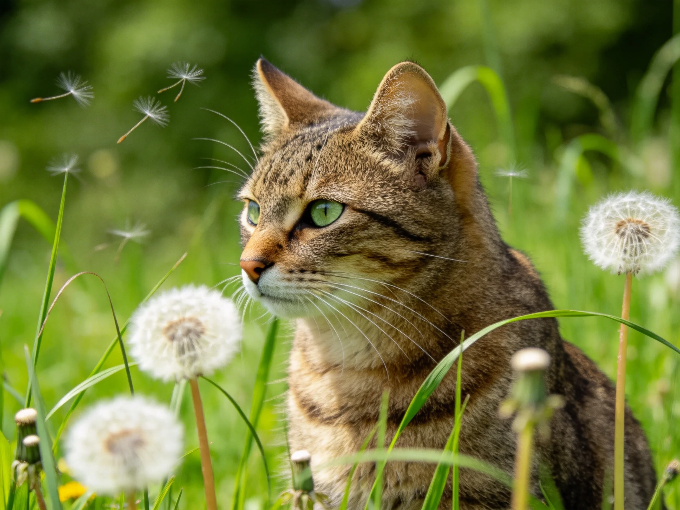 A tabby cat with green eyes is near dandelions in a grassy setting.