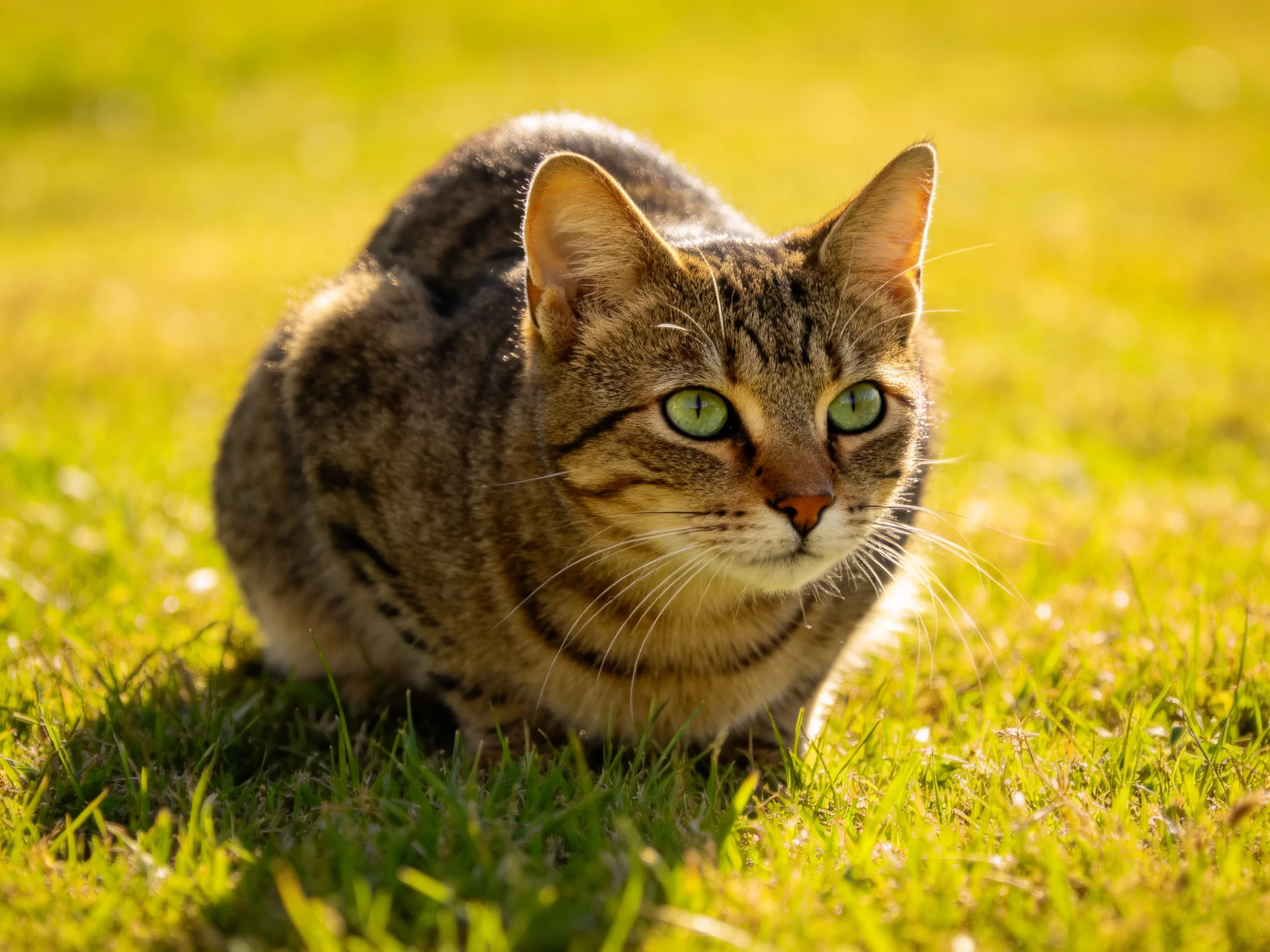 A tabby cat with green eyes is on sunlit grass.