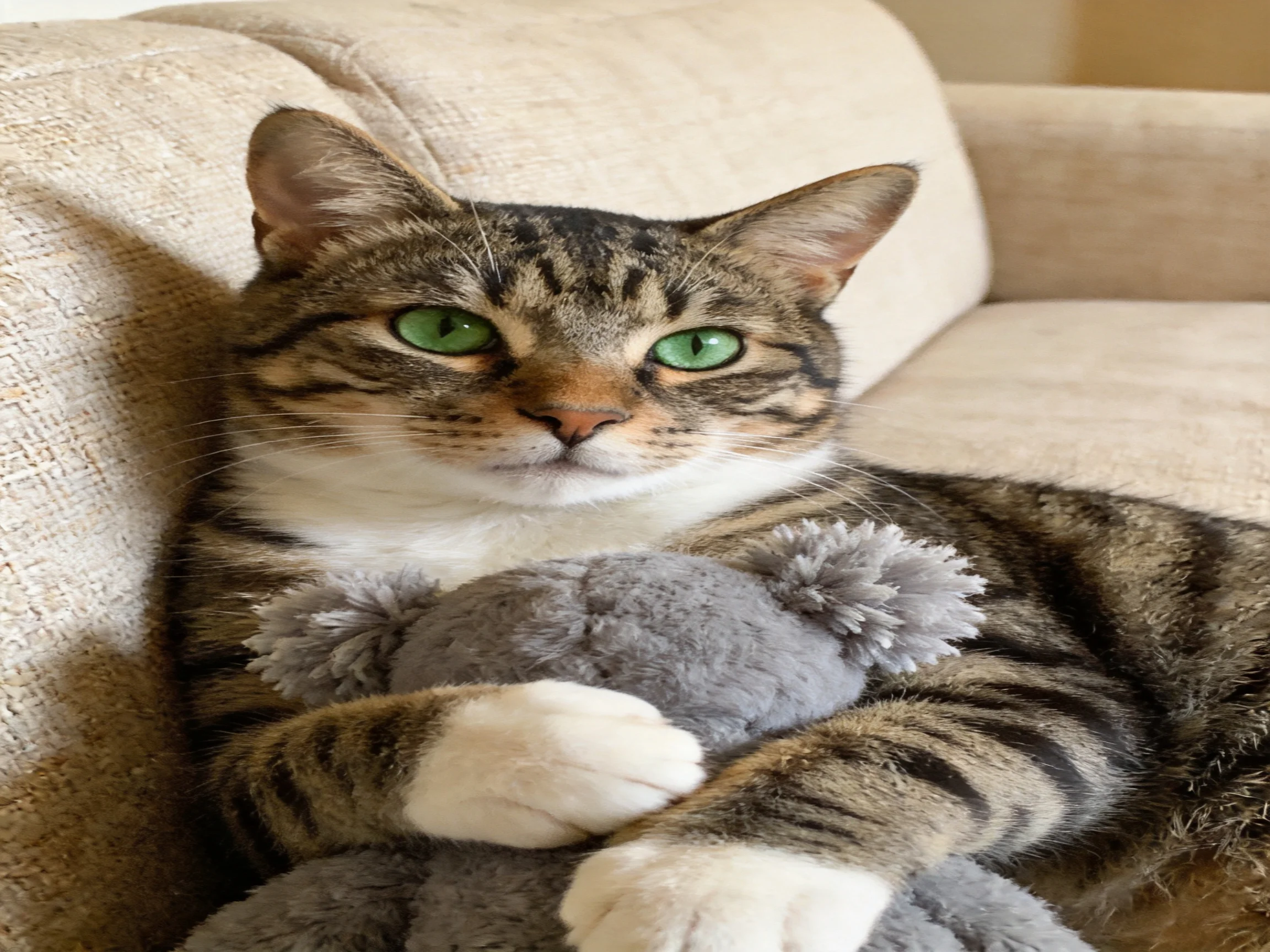 A tabby cat holds a gray stuffed toy on a beige sofa.